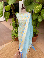 Sky Handwoven Khaddi 3 - Piece Suit Set in Pure Georgette - Masakalee