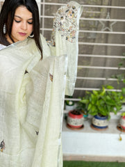 Sozni Hand Embroidery Dupatta in Pure Linen - Masakalee