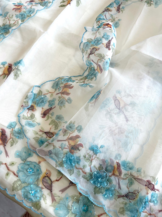 Suit Set with Bird Print & Cut Dana Handwork in Organza - Masakalee