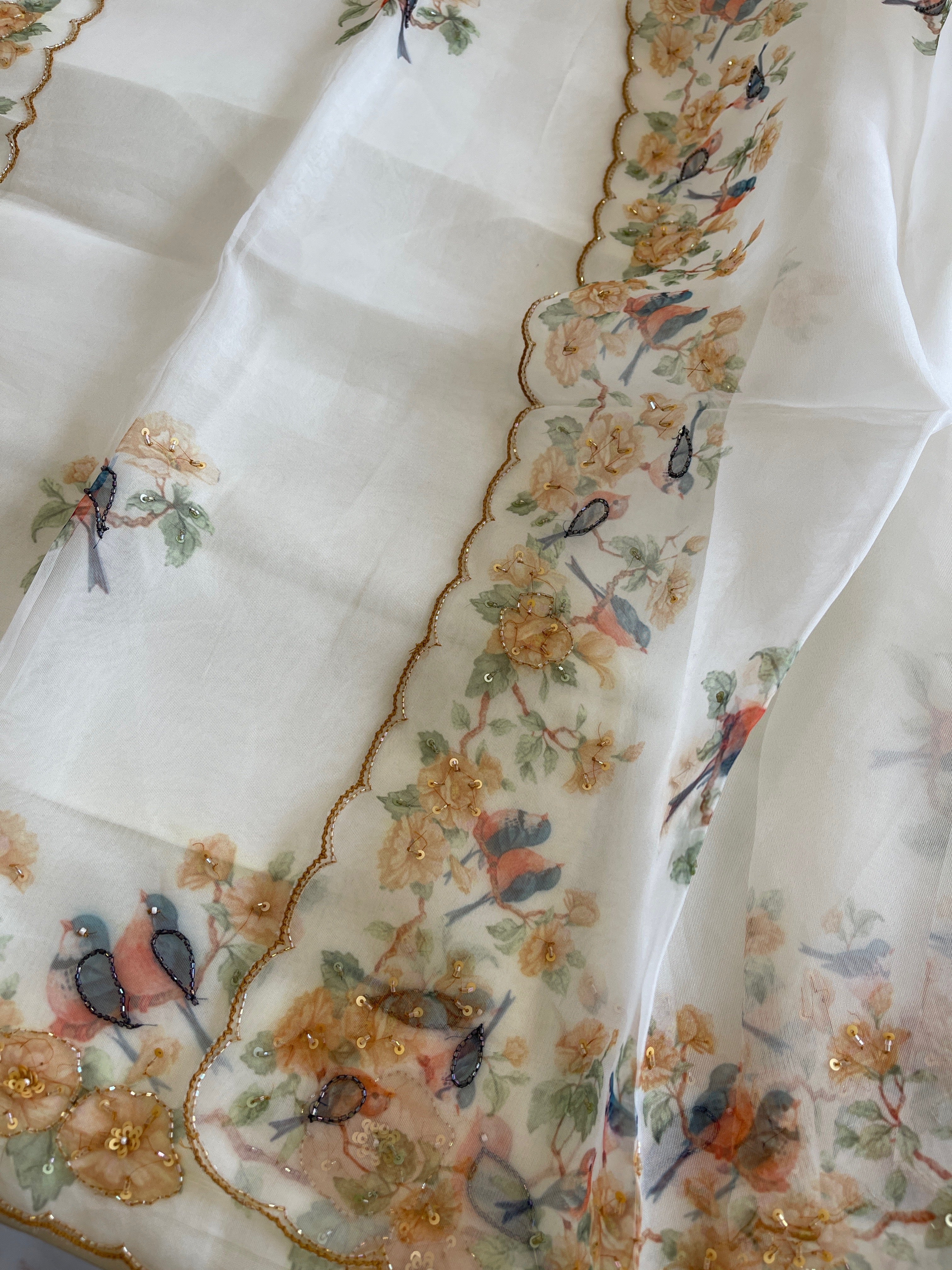 Suit Set with Bird Print & Cut Dana Handwork in Organza - Masakalee