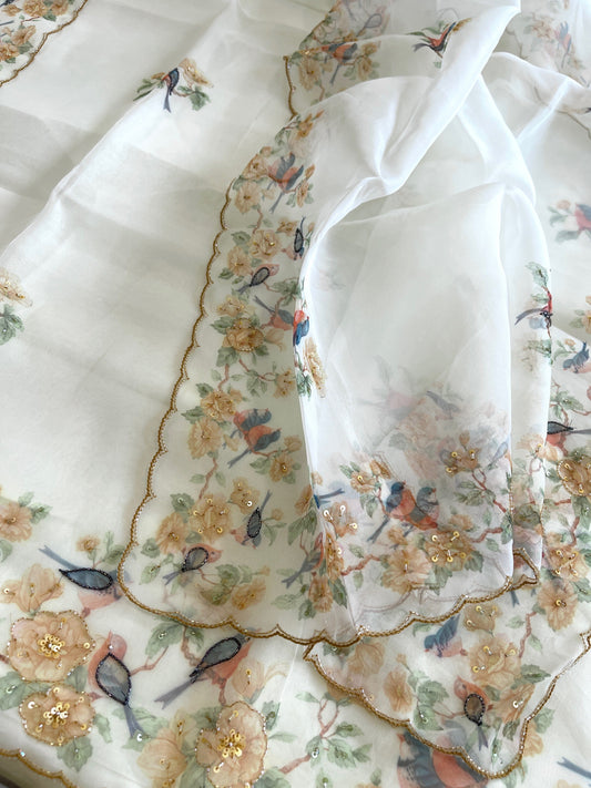 Suit Set with Bird Print & Cut Dana Handwork in Organza - Masakalee