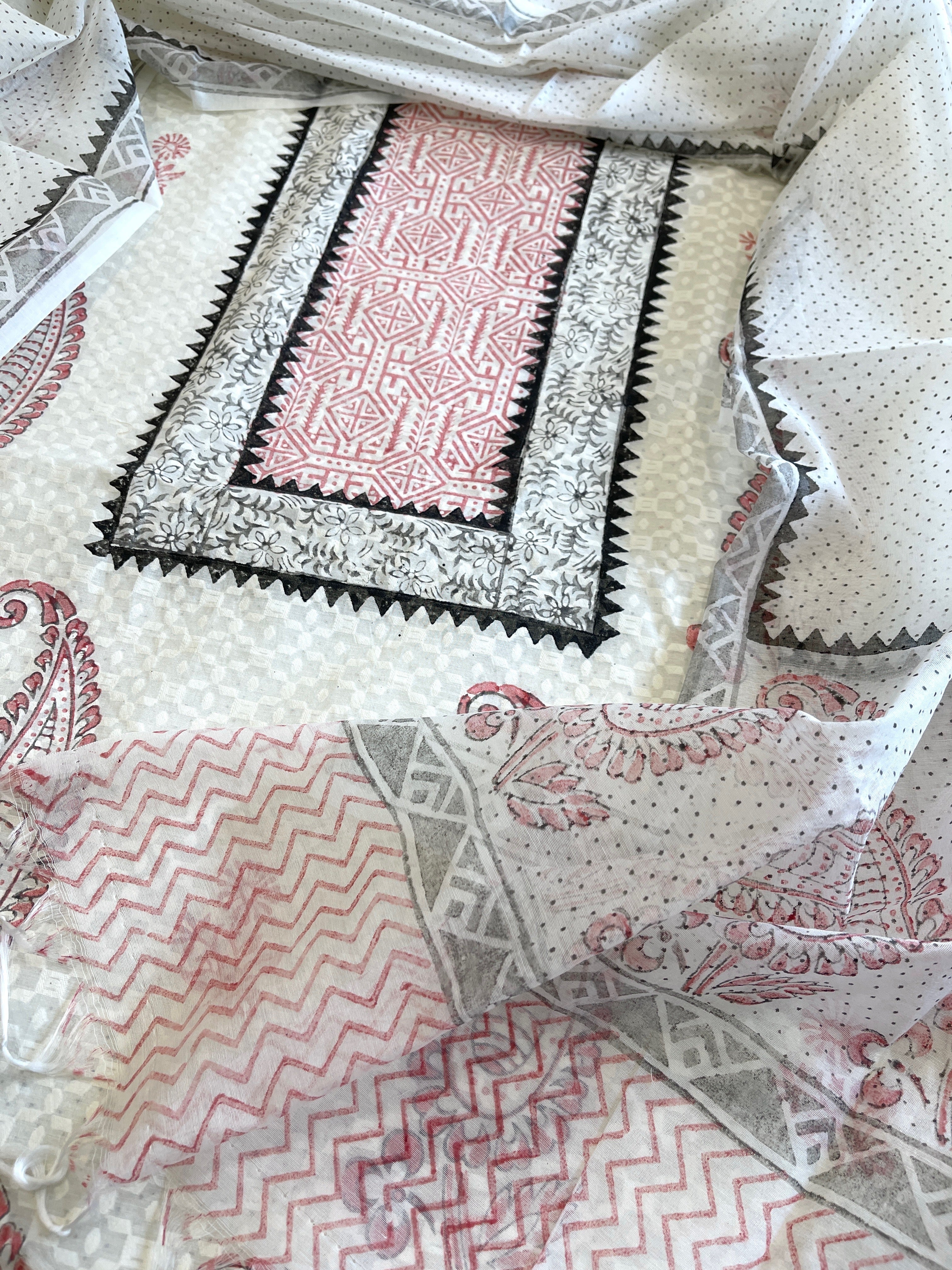 Suit Set with Block Print in Pure Mul Chanderi - Masakalee