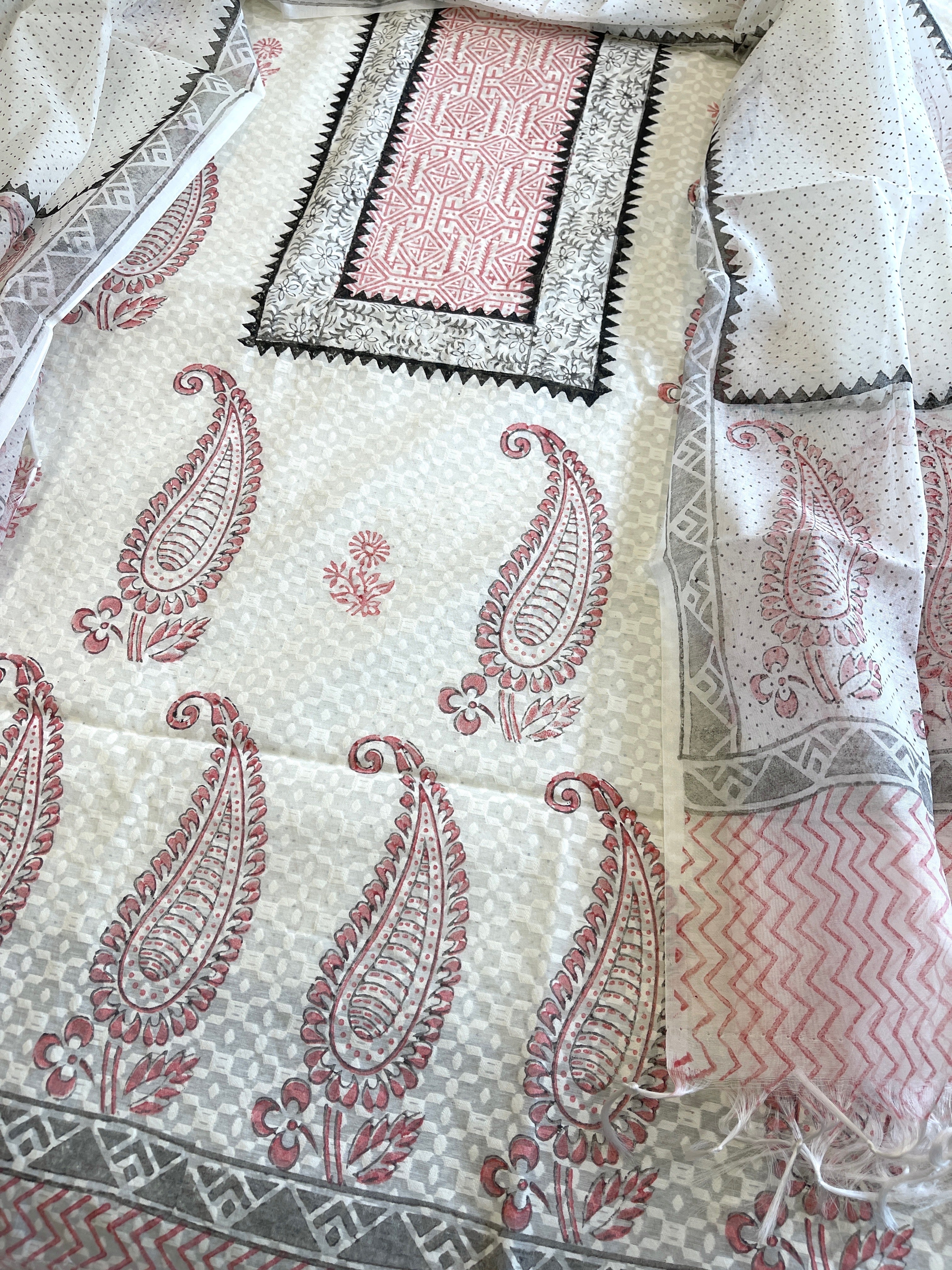 Suit Set with Block Print in Pure Mul Chanderi - Masakalee