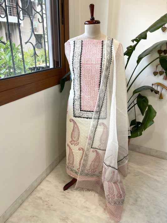 Suit Set with Block Print in Pure Mul Chanderi - Masakalee