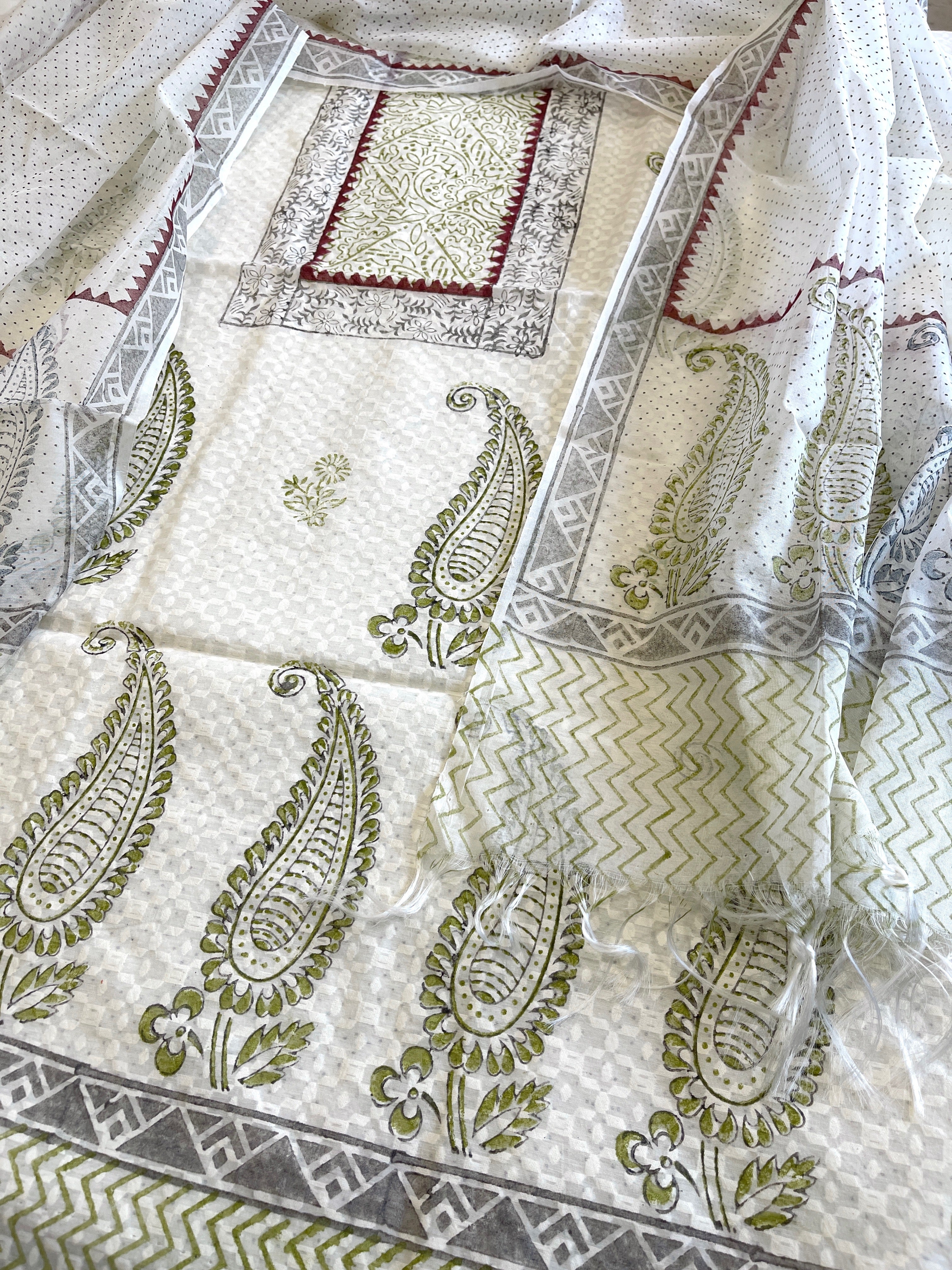 Suit Set with Block Print in Pure Mul Chanderi - Masakalee