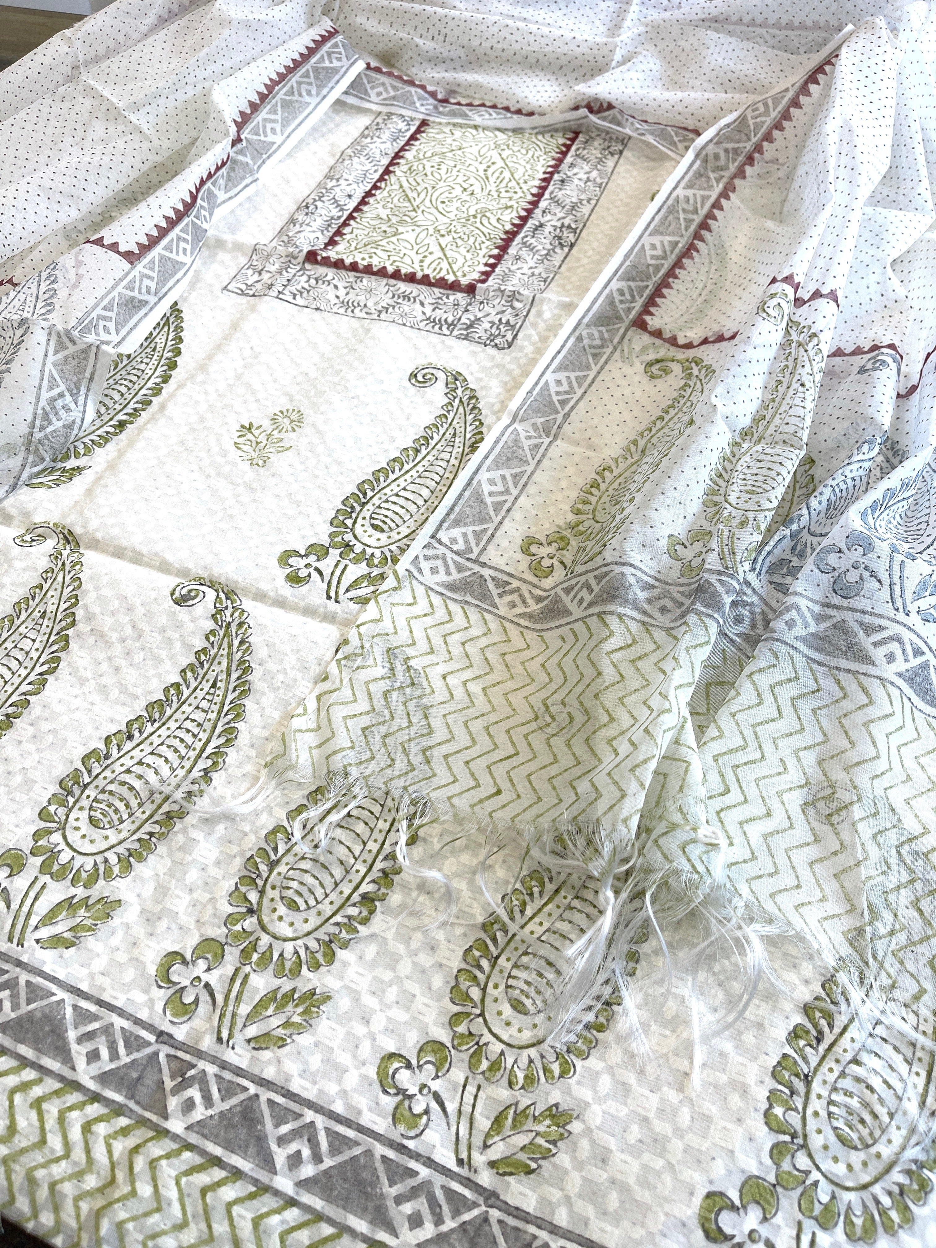 Suit Set with Block Print in Pure Mul Chanderi - Masakalee