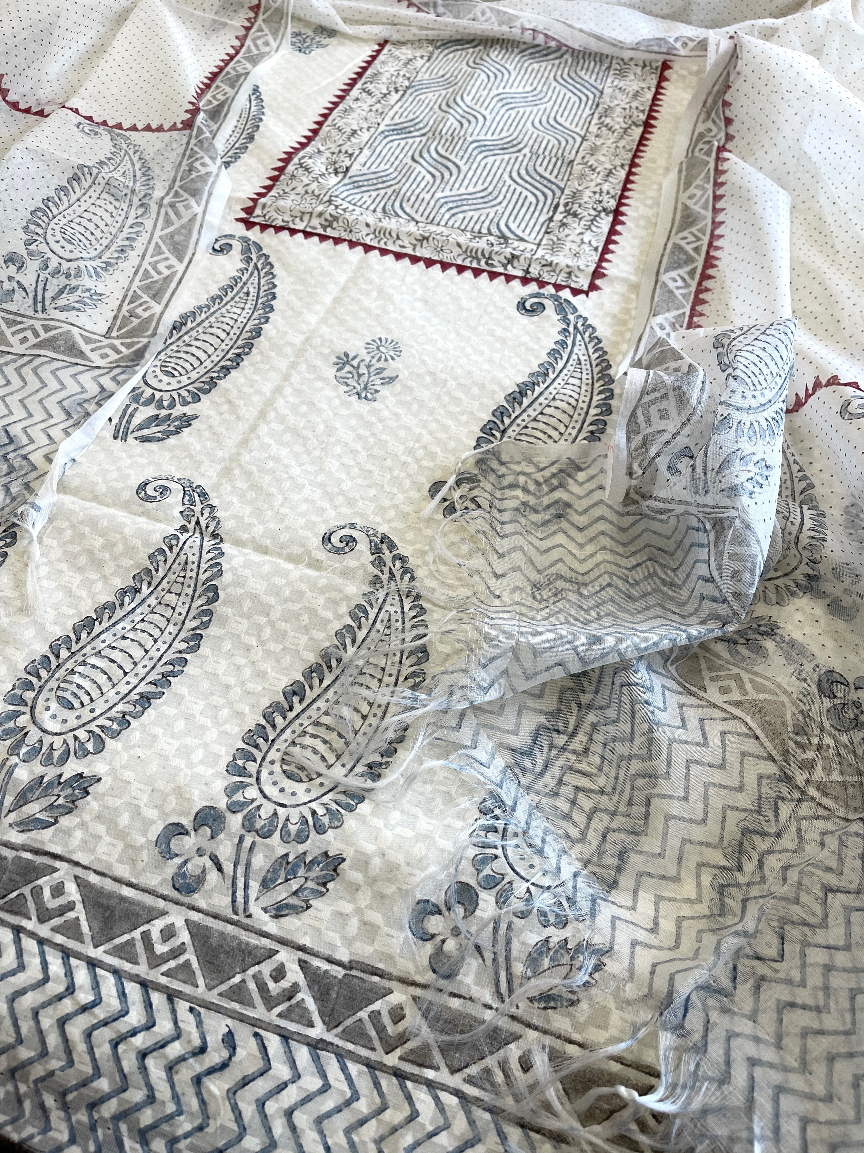 Suit Set with Block Print in Pure Mul Chanderi - Masakalee