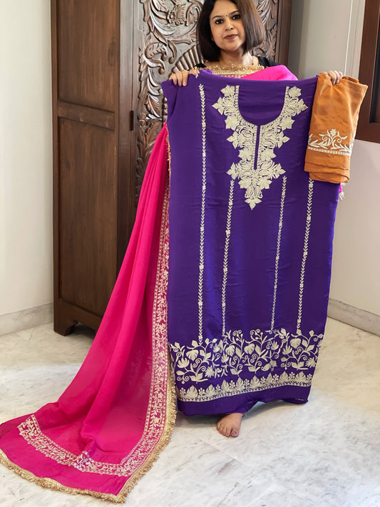 Suit Set with Kashmiri Tilla Work in Crepe - Masakalee