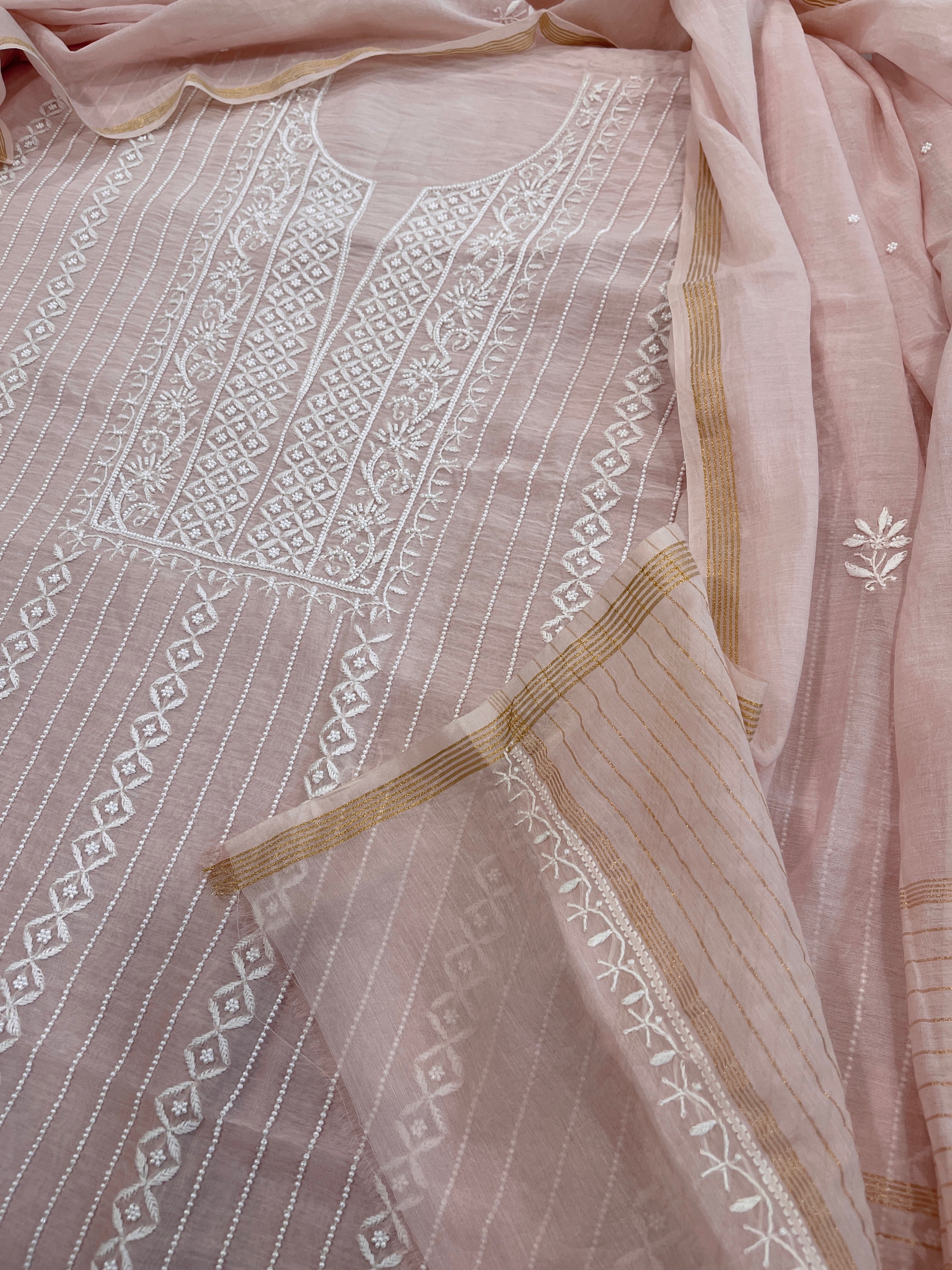Suit Set with Lucknowi Handwork in Pure Mul Chanderi - Masakalee