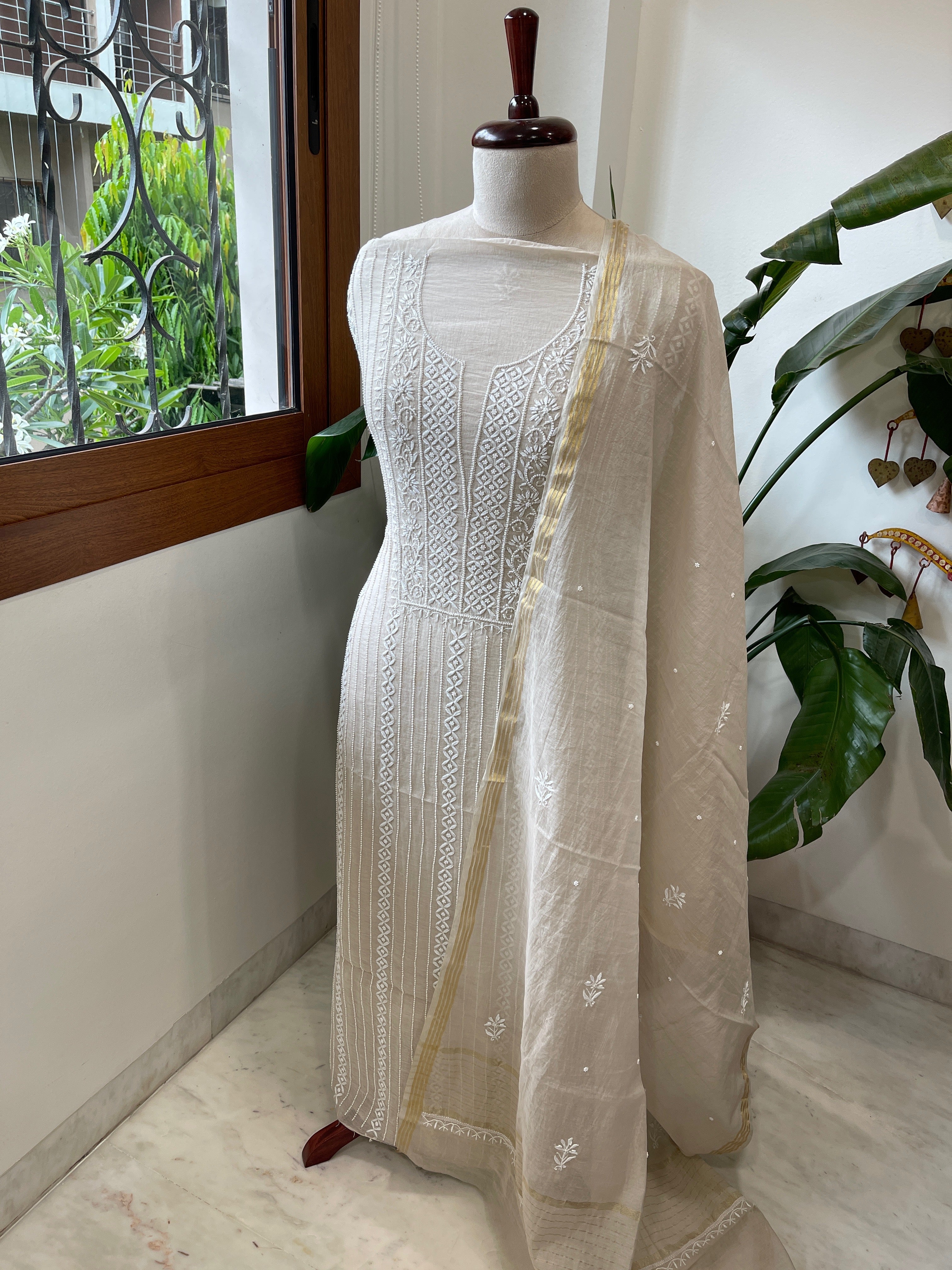 Suit Set with Lucknowi Handwork in Pure Mul Chanderi - Masakalee