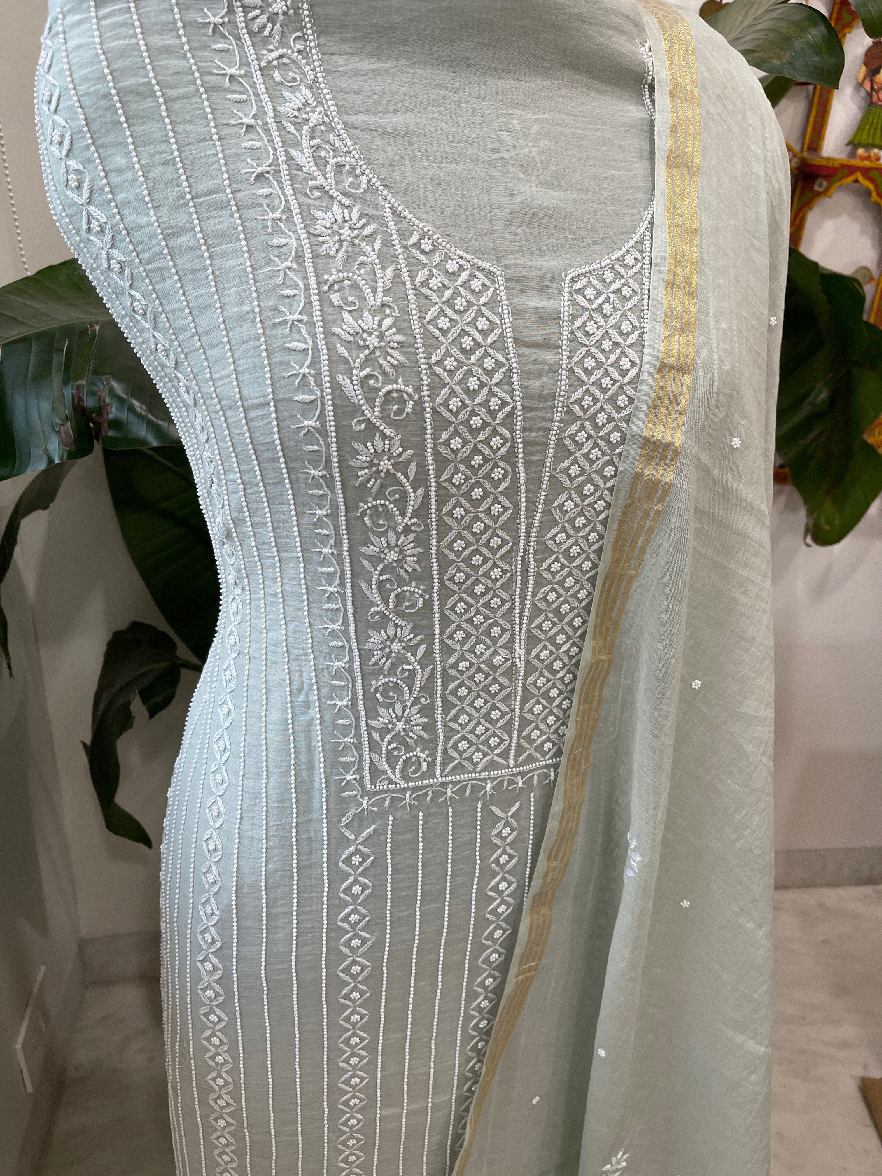 Suit Set with Lucknowi Handwork in Pure Mul Chanderi - Masakalee