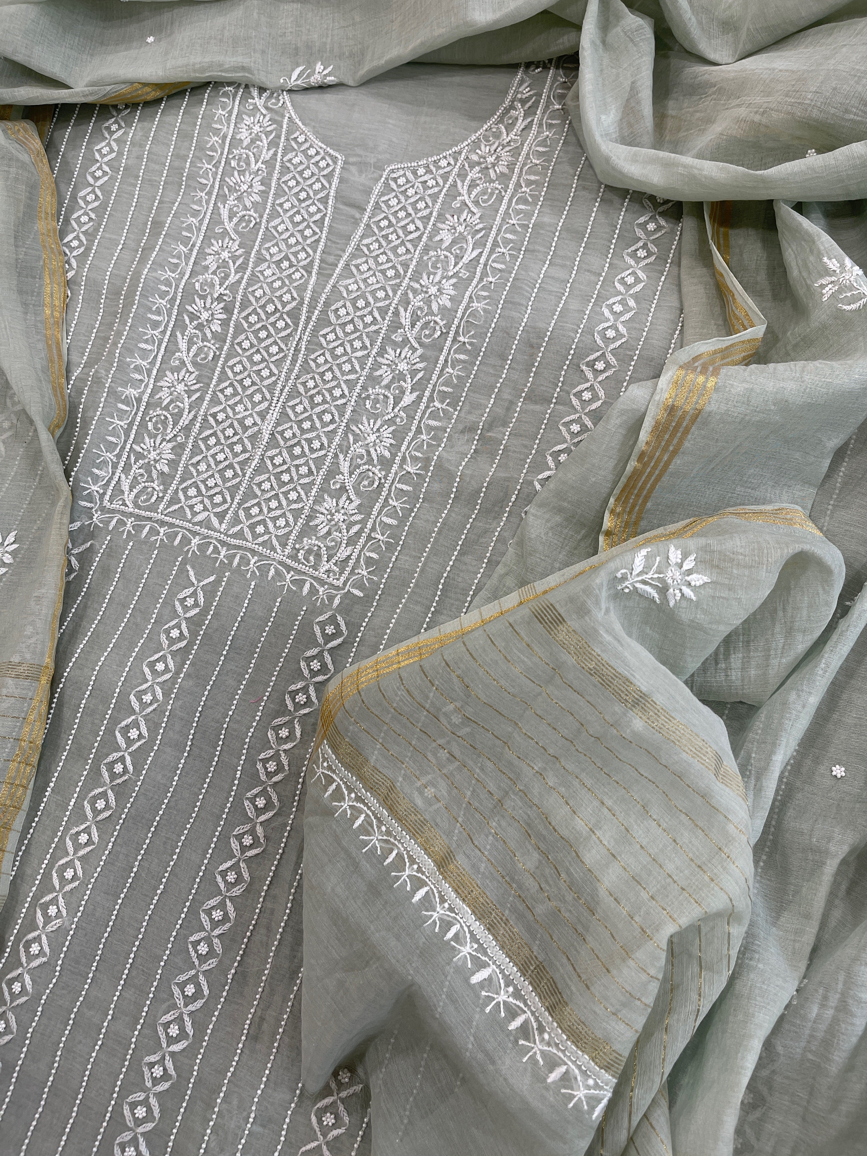 Suit Set with Lucknowi Handwork in Pure Mul Chanderi - Masakalee