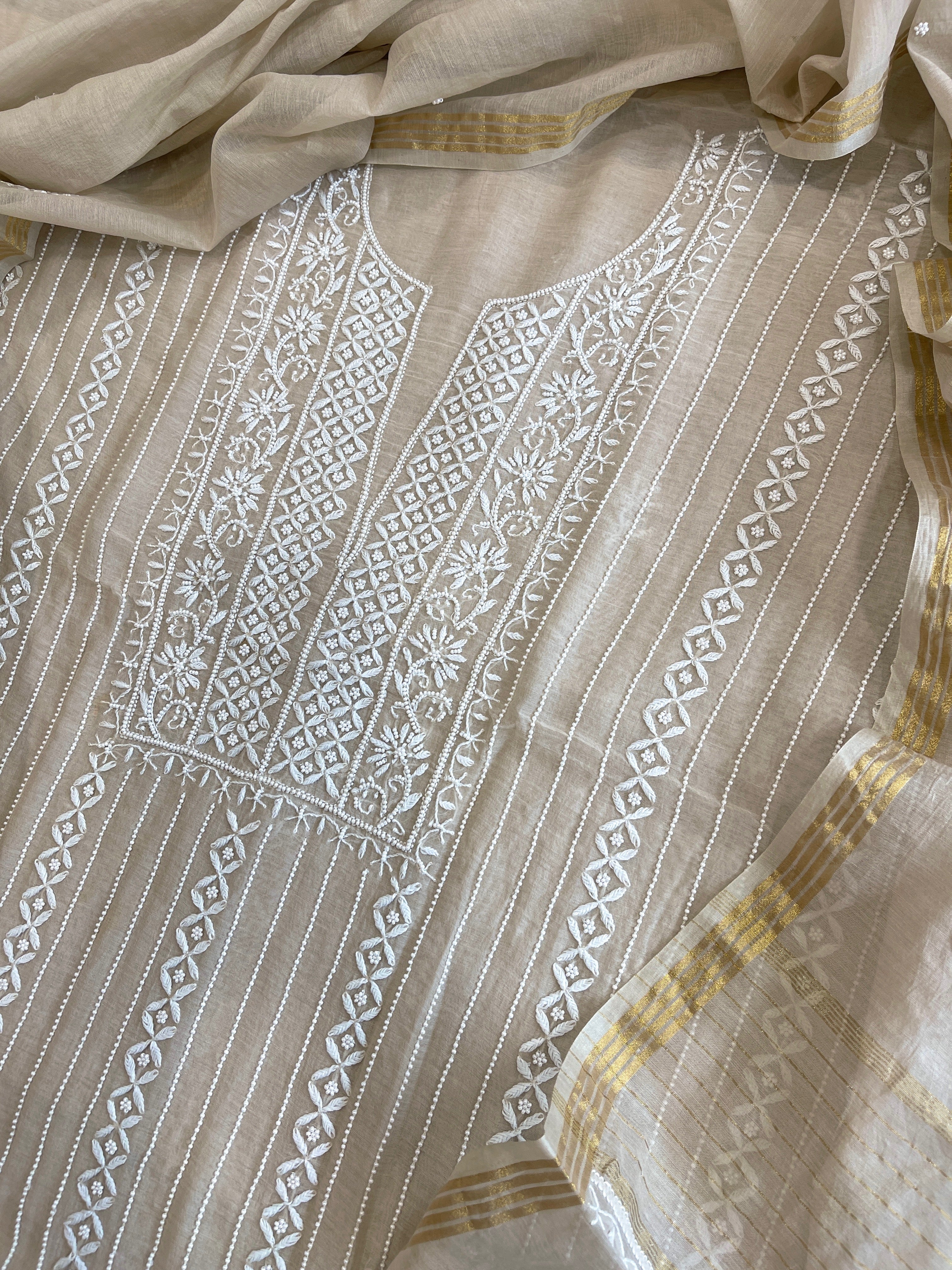 Suit Set with Lucknowi Handwork in Pure Mul Chanderi - Masakalee