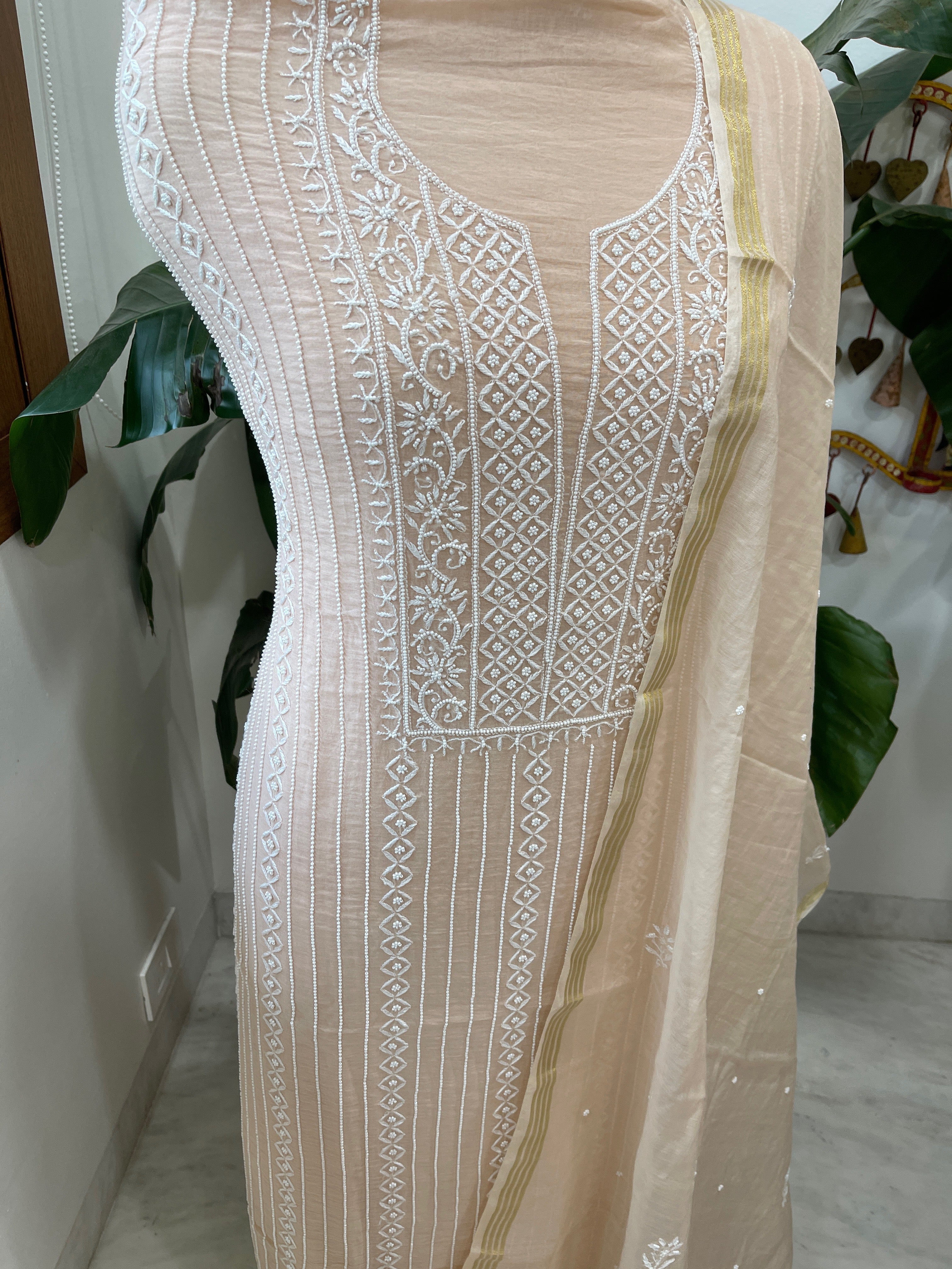 Suit Set with Lucknowi Handwork in Pure Mul Chanderi - Masakalee