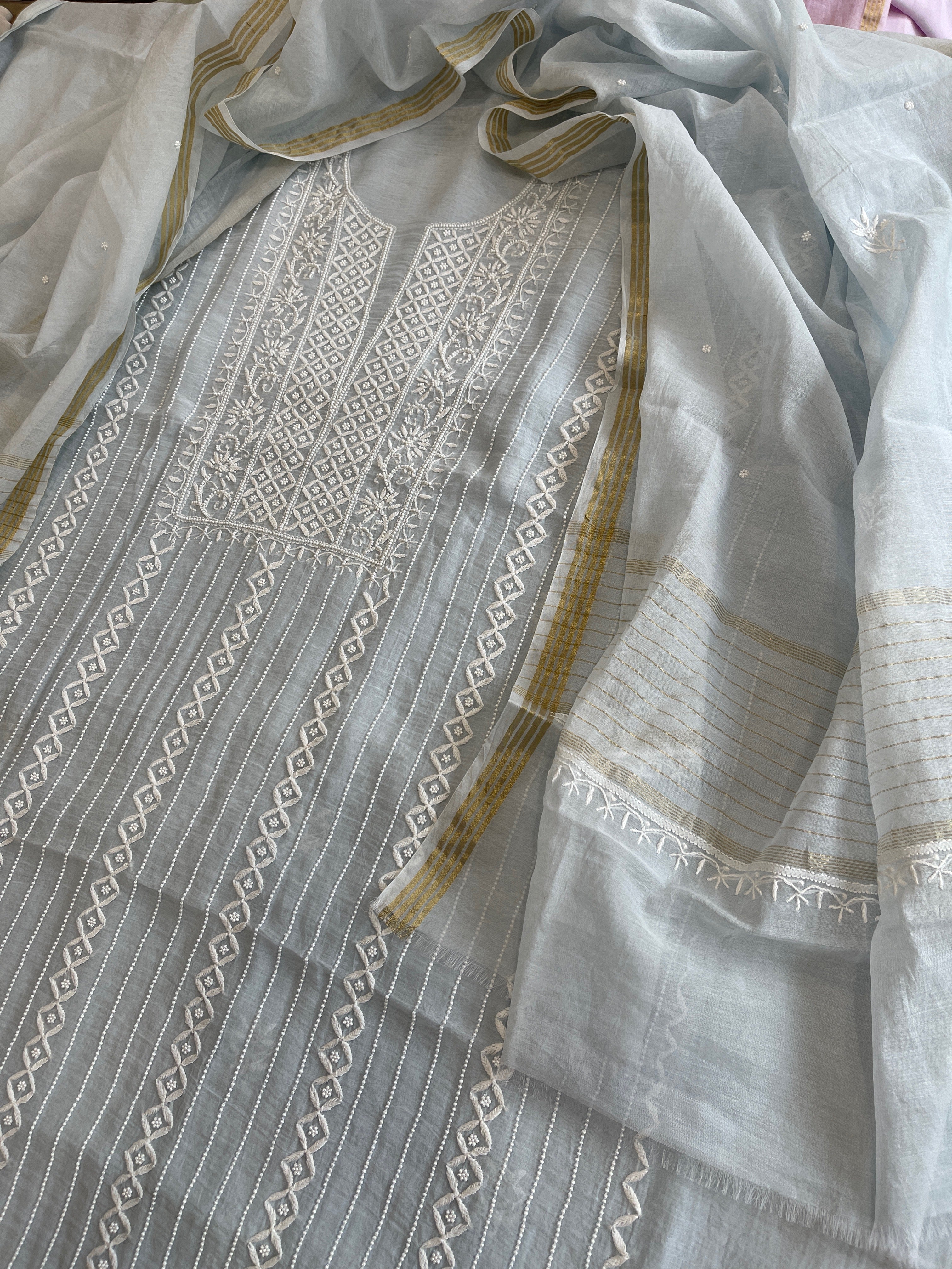 Suit Set with Lucknowi Handwork in Pure Mul Chanderi - Masakalee