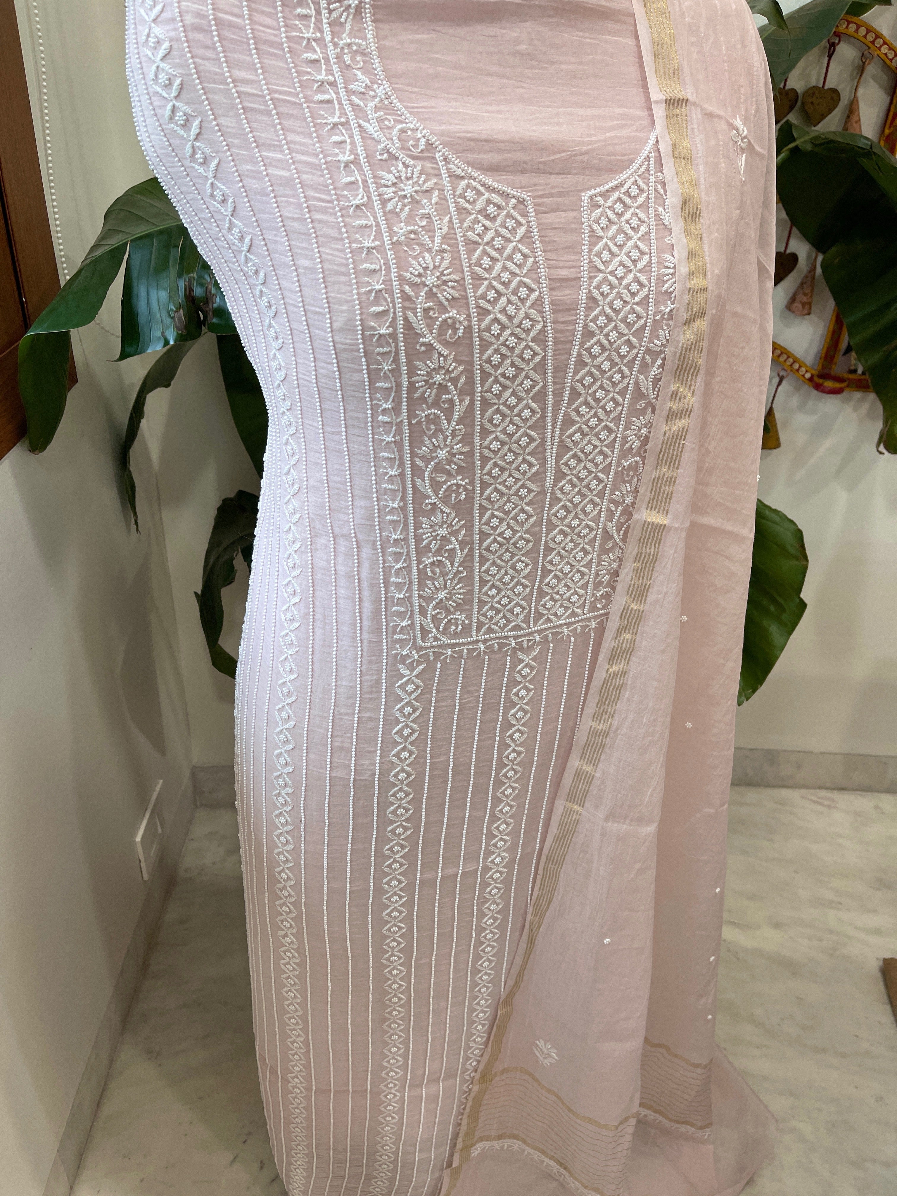 Suit Set with Lucknowi Handwork in Pure Mul Chanderi - Masakalee