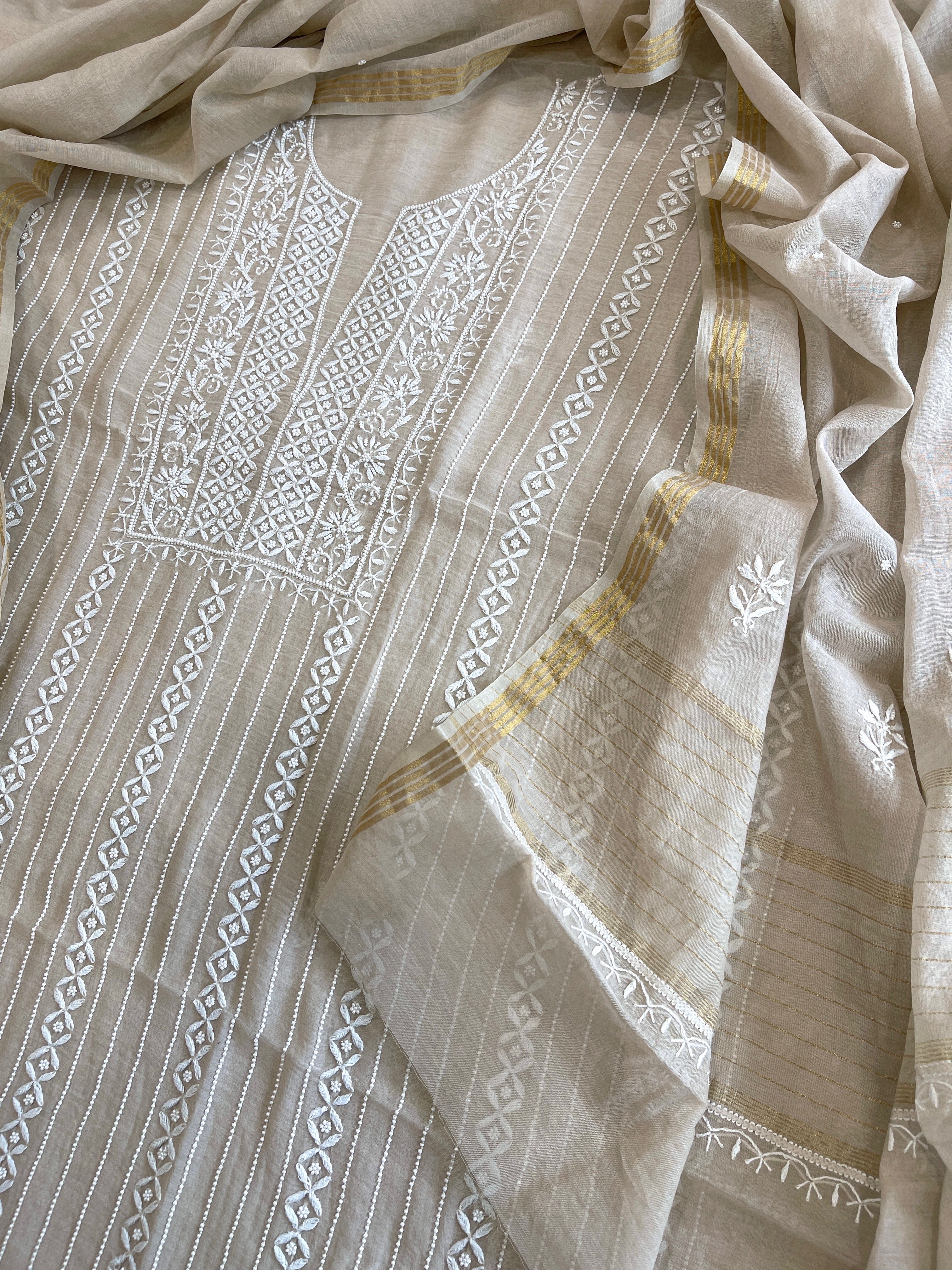 Suit Set with Lucknowi Handwork in Pure Mul Chanderi - Masakalee