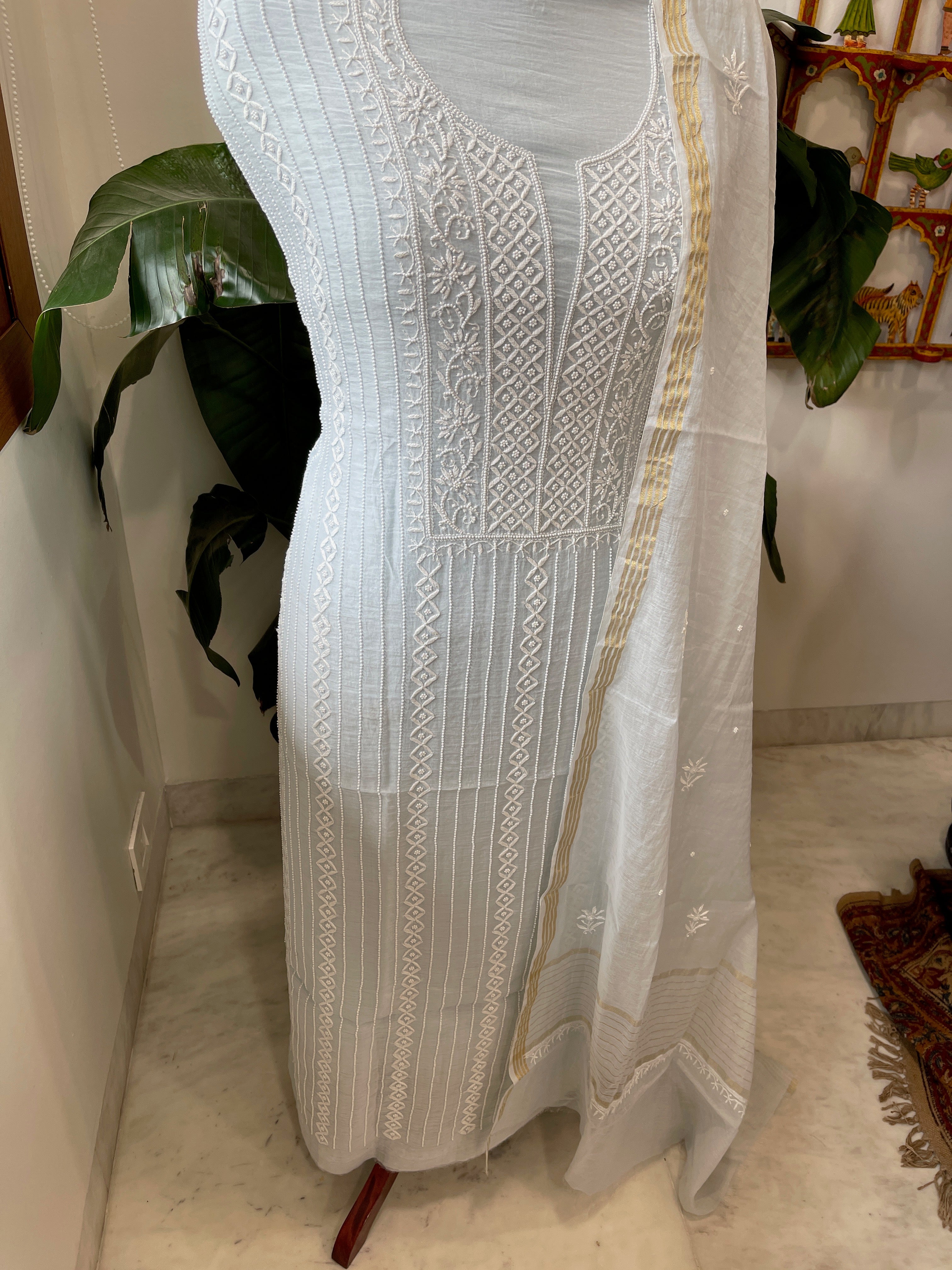 Suit Set with Lucknowi Handwork in Pure Mul Chanderi - Masakalee