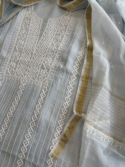 Suit Set with Lucknowi Handwork in Pure Mul Chanderi - Masakalee