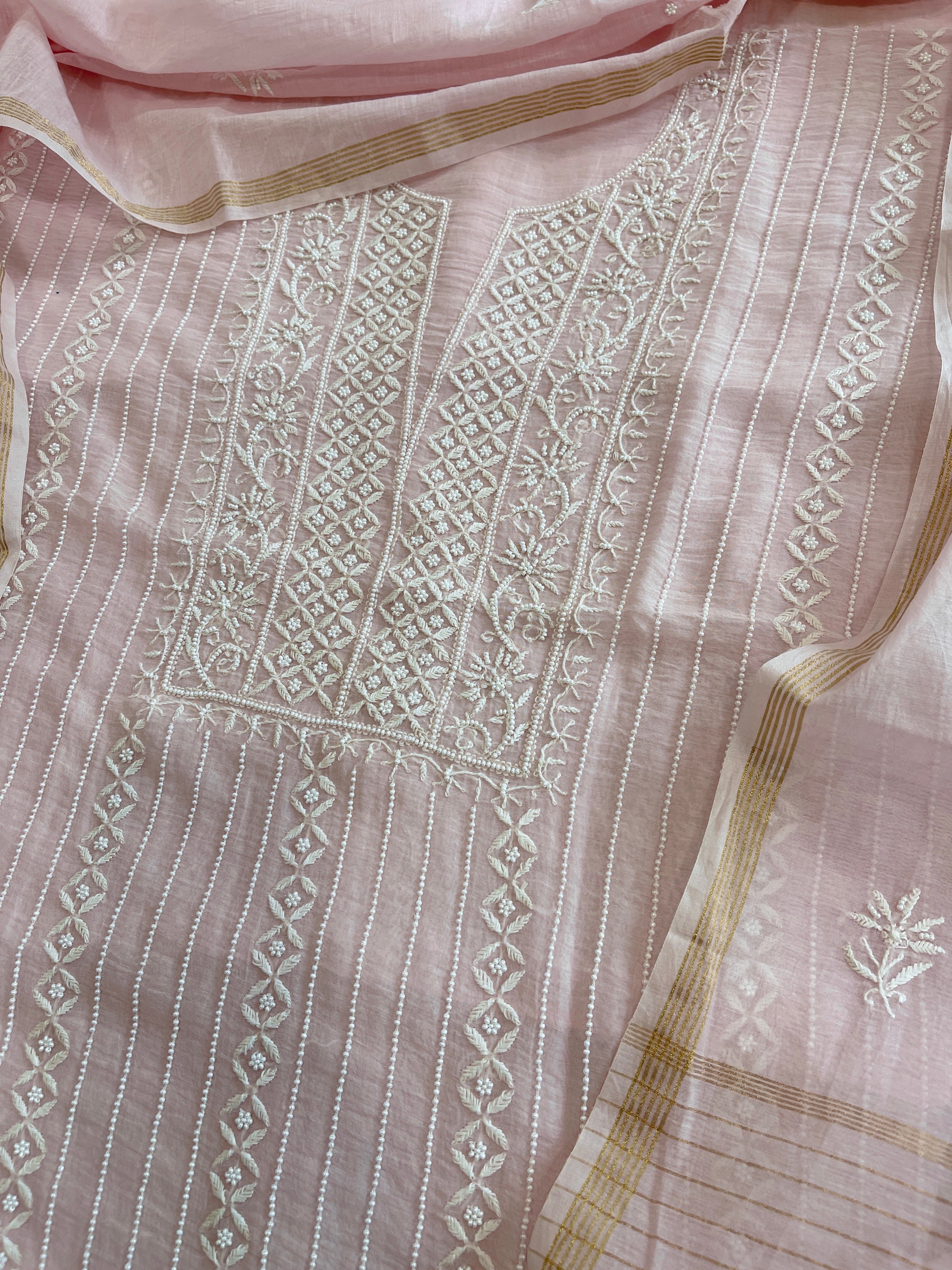 Suit Set with Lucknowi Handwork in Pure Mul Chanderi - Masakalee