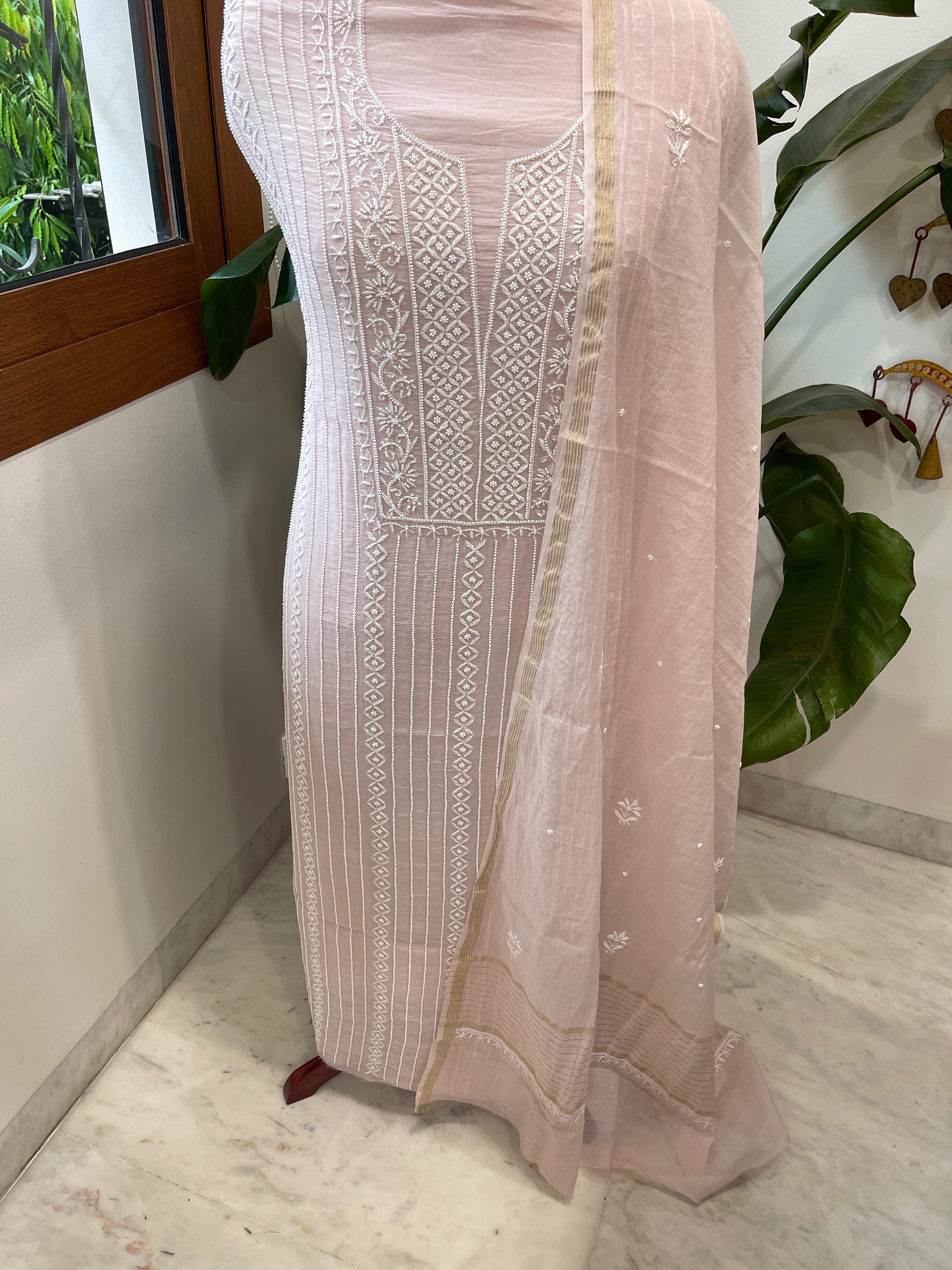 Suit Set with Lucknowi Handwork in Pure Mul Chanderi - Masakalee