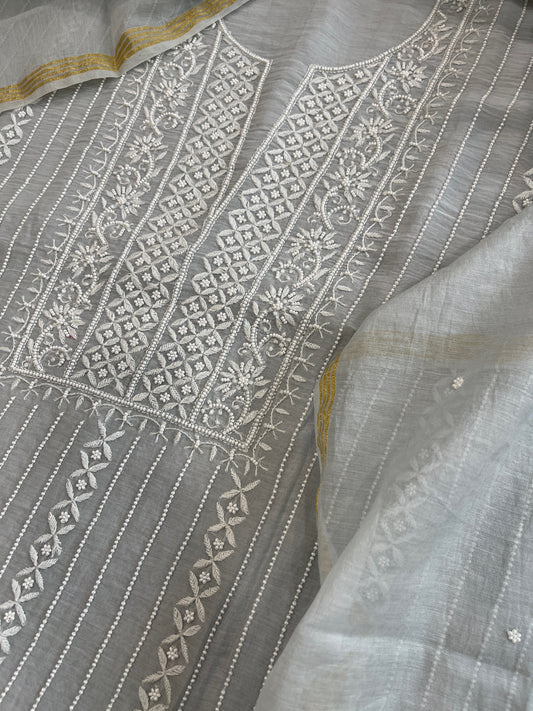 Suit Set with Lucknowi Handwork in Pure Mul Chanderi - Masakalee
