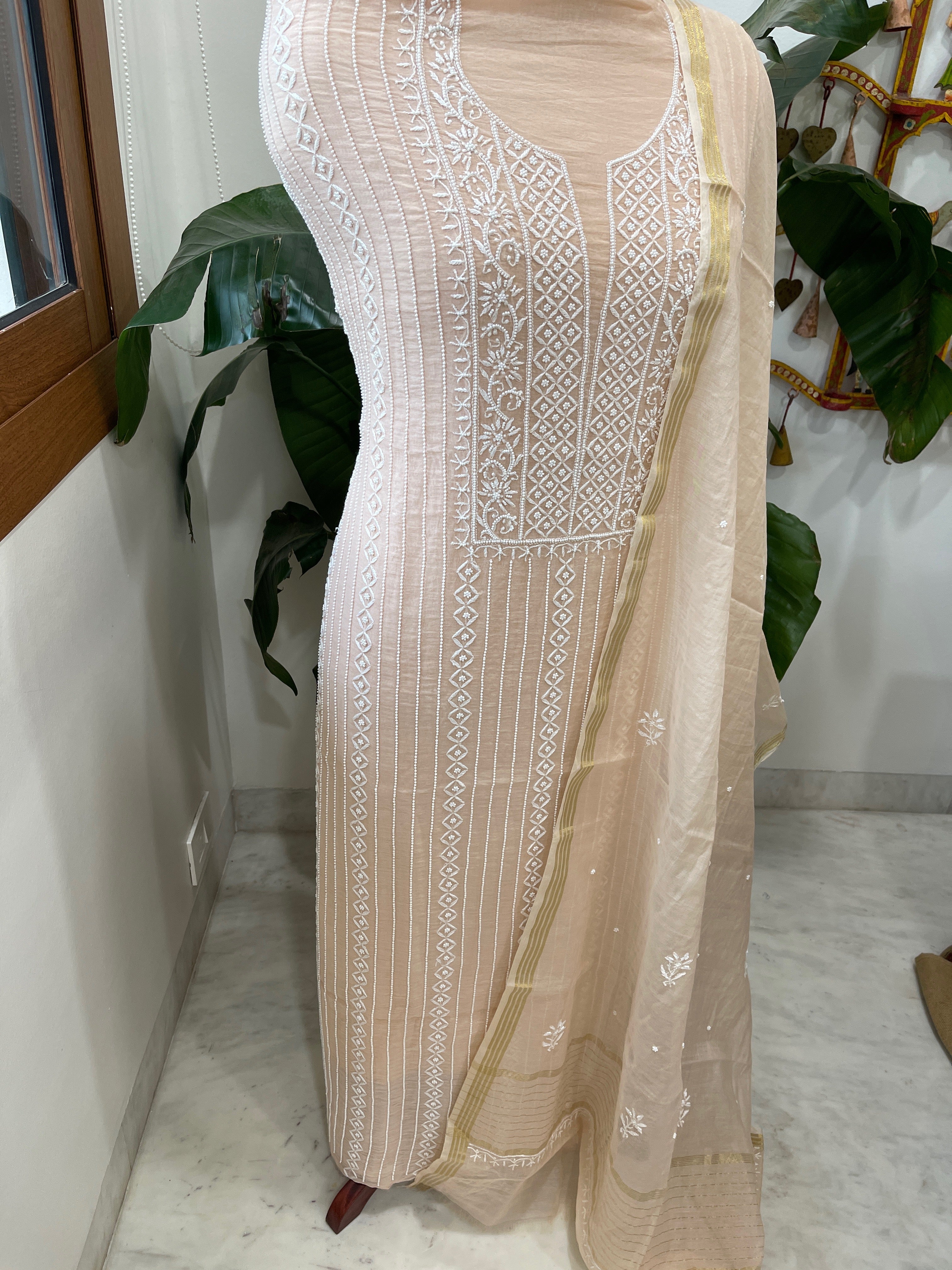 Suit Set with Lucknowi Handwork in Pure Mul Chanderi - Masakalee
