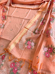 Suit Set with Thread Embroidery in Mul Chanderi - Masakalee