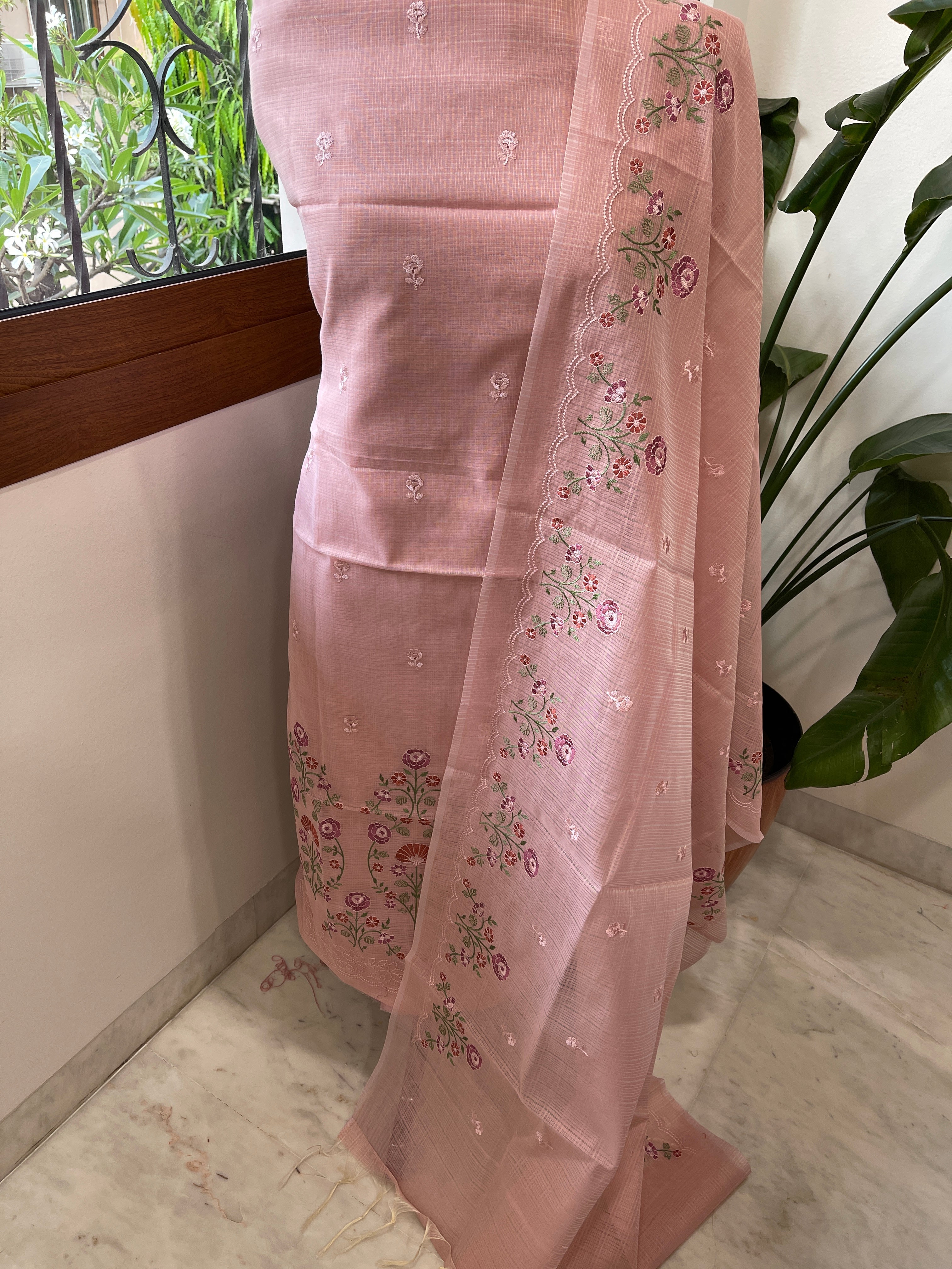 Suit Set with Thread Embroidery in Mul Chanderi - Masakalee