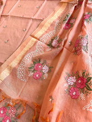 Suit Set with Thread Embroidery in Mul Chanderi - Masakalee