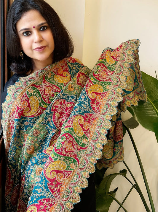 Teal Blue Chinon Dupatta with Gold Thread & Aari Embroidery - Masakalee