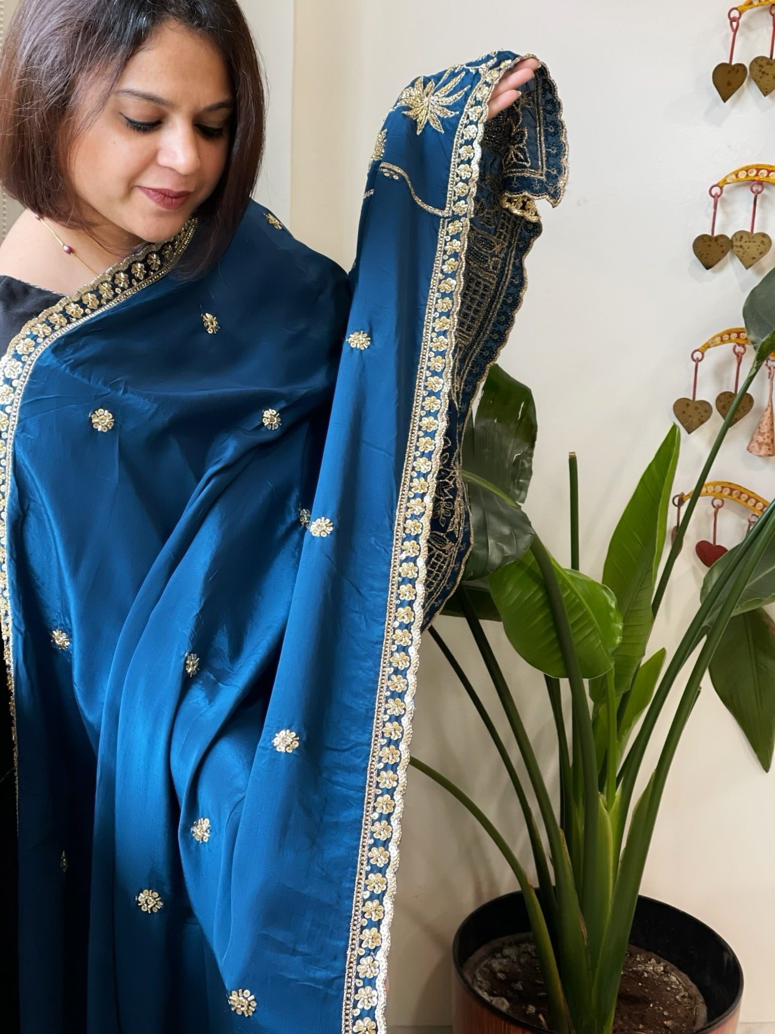 Teal Blue Crepe Dupatta with Pearl, Cut Daana, Gold Thread & Sequin Embroidery - Masakalee