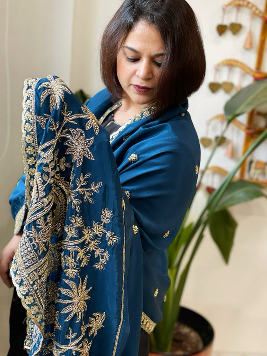 Teal Blue Crepe Dupatta with Pearl, Cut Daana, Gold Thread & Sequin Embroidery - Masakalee