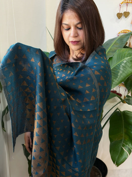 Teal Blue Pashmina Stole with Zari - Masakalee