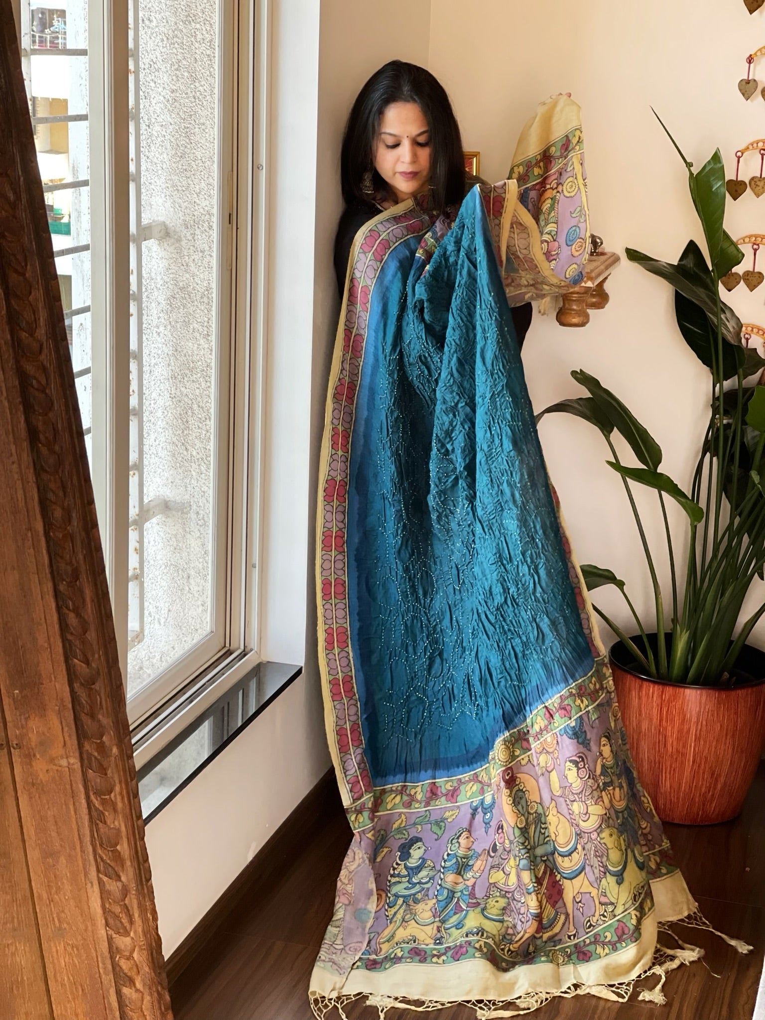 Teal Blue Rai Bandhej Dupatta with Handpainted Kalamkari Pallu in Pure Muga Silk - Masakalee