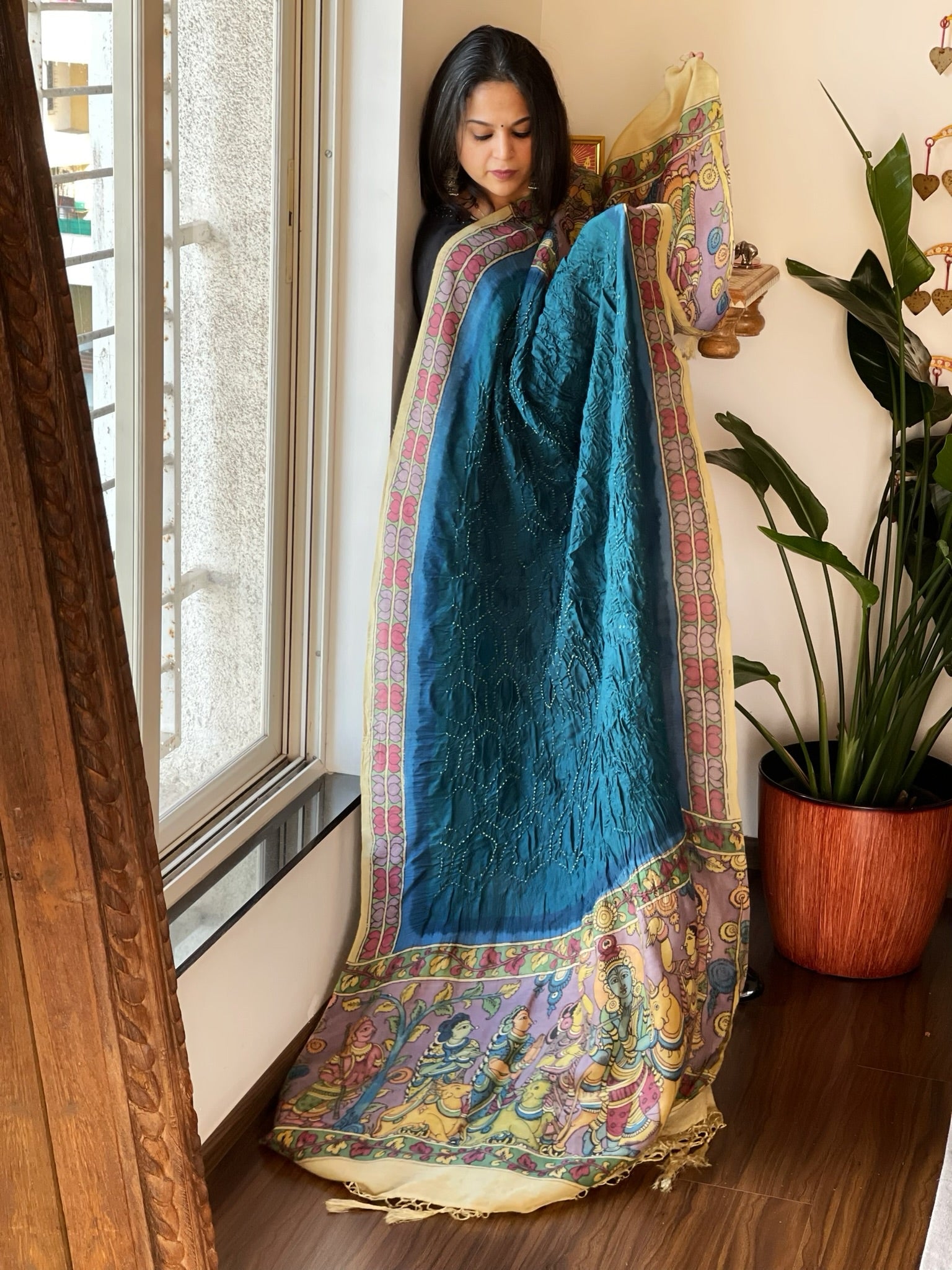 Teal Blue Rai Bandhej Dupatta with Handpainted Kalamkari Pallu in Pure Muga Silk - Masakalee