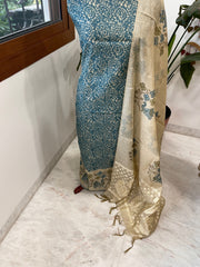 Teal Blue Suit Set with Block Print with Jamdani Dupatta in Chanderi - Masakalee