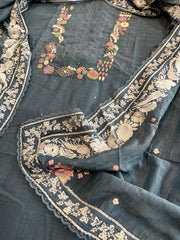 Teal Blue Suit Set with Thread Handwork and Parsi Gara Dupatta in Mul Cotton - Masakalee