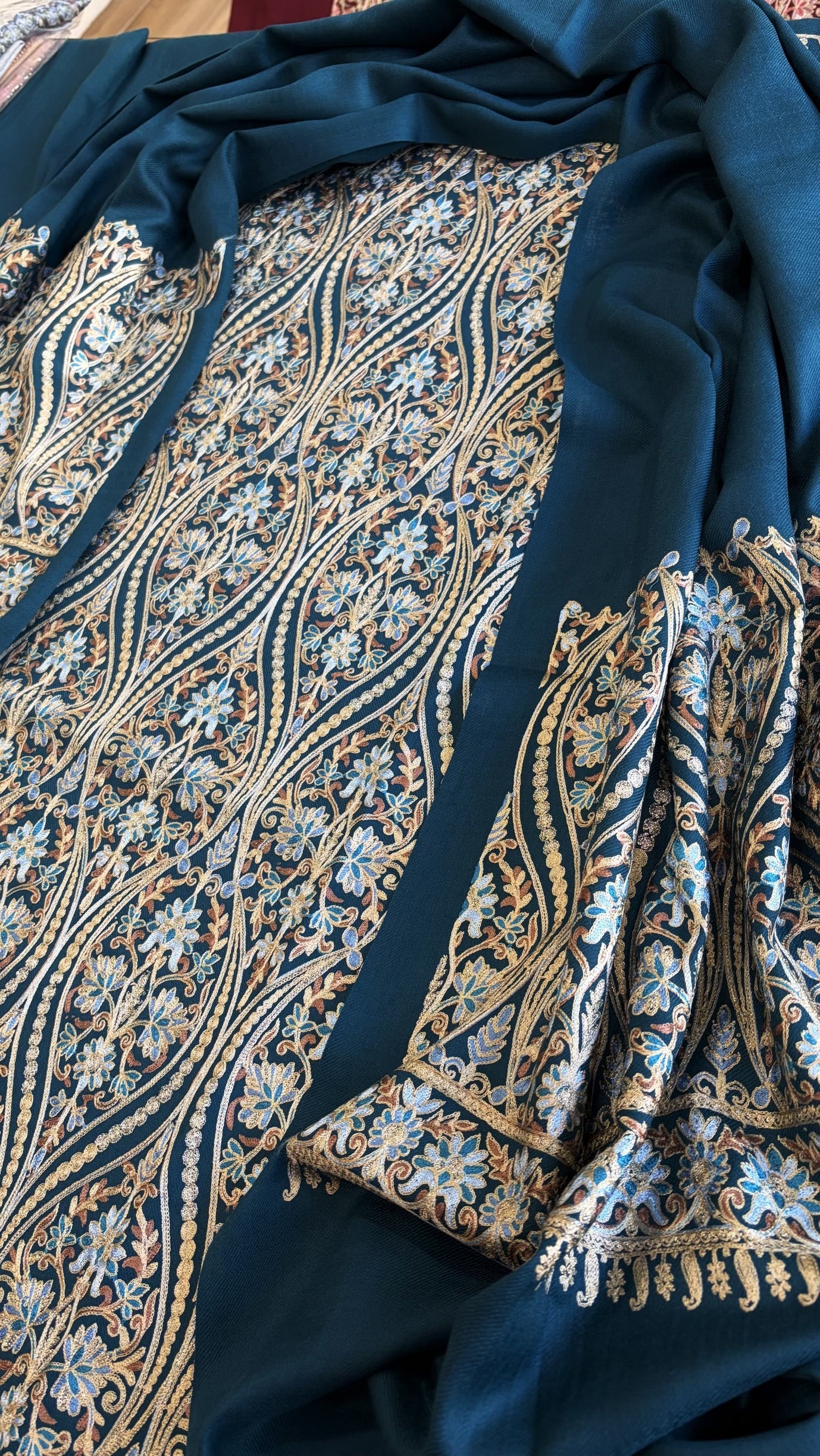 Teal Blue Winter Suit Set with Aari Work in Pashmina Wool - Masakalee