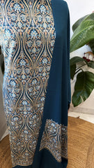 Teal Blue Winter Suit Set with Aari Work in Pashmina Wool - Masakalee