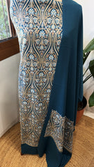 Teal Blue Winter Suit Set with Aari Work in Pashmina Wool - Masakalee