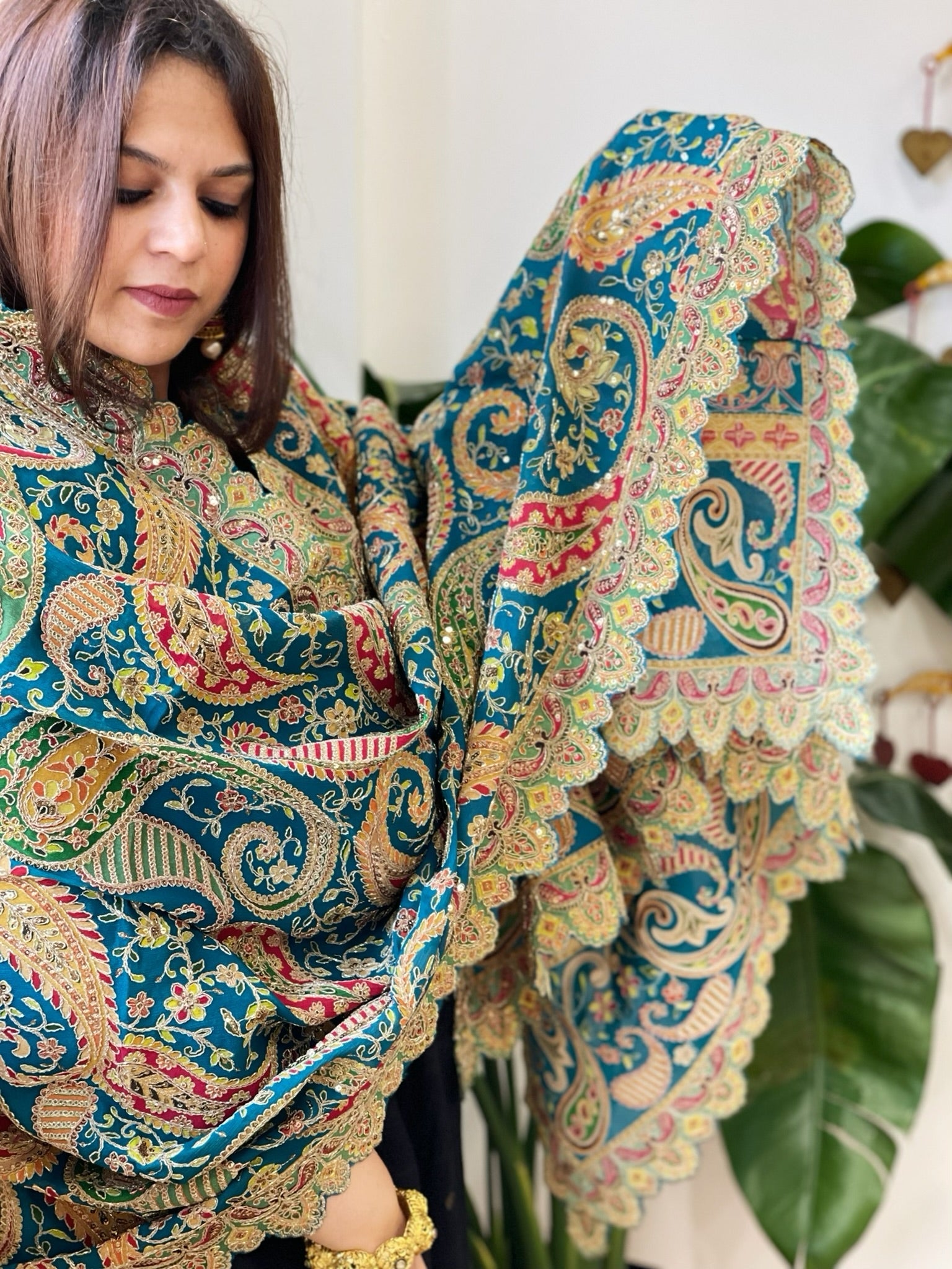 Teal Chinon Dupatta with Aari Embroidery - Masakalee