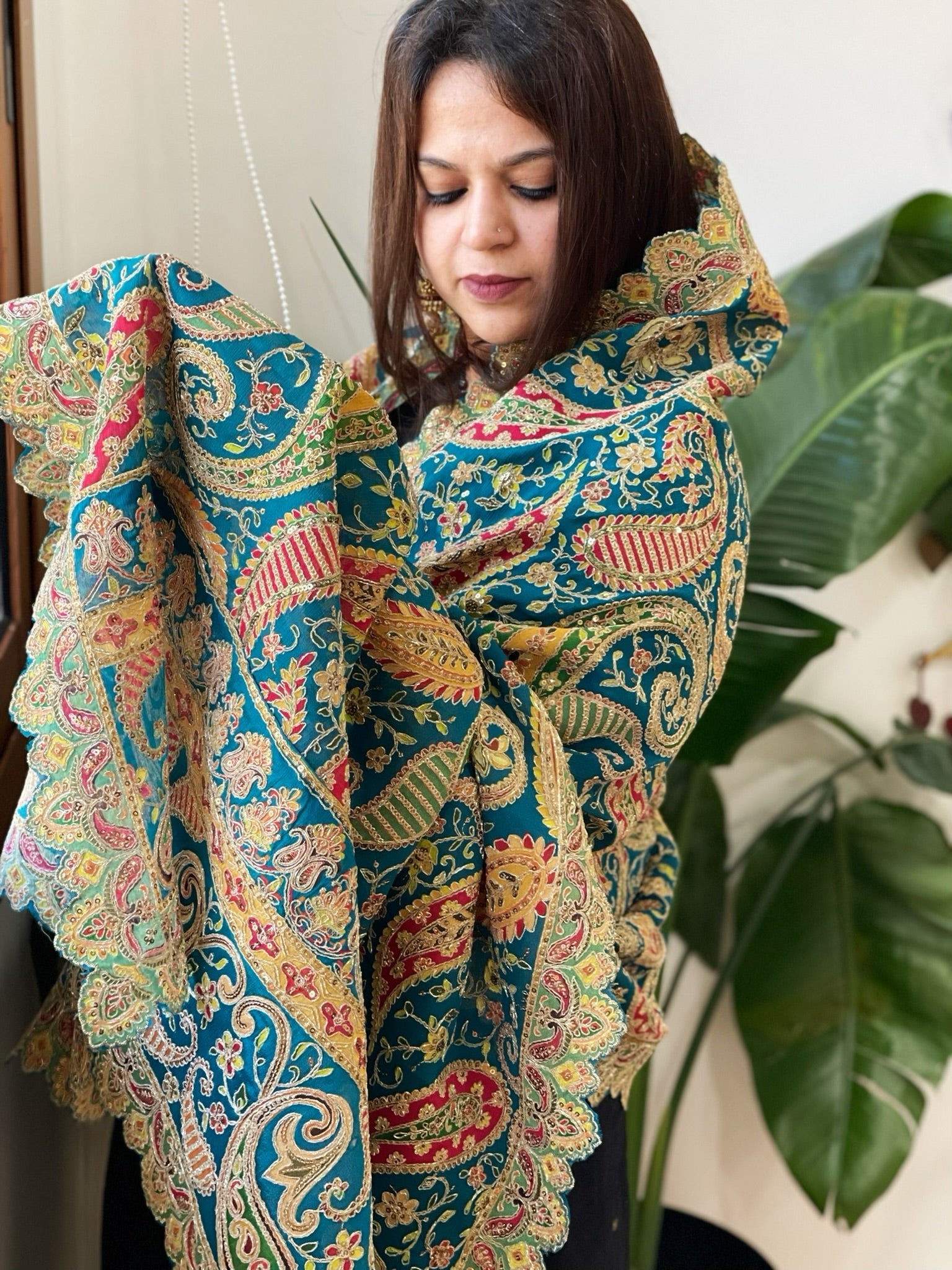 Teal Chinon Dupatta with Aari Embroidery - Masakalee