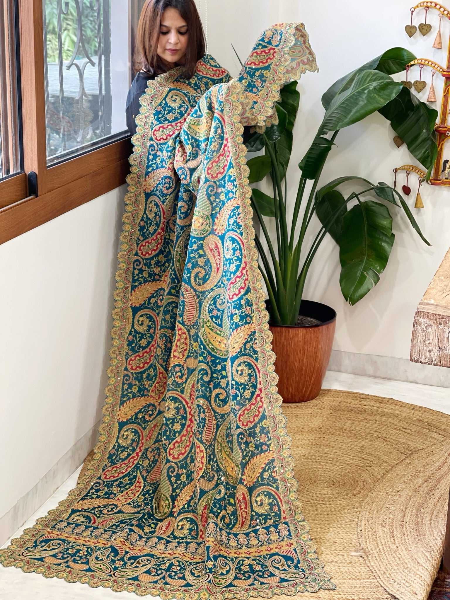 Teal Chinon Dupatta with Aari Embroidery - Masakalee