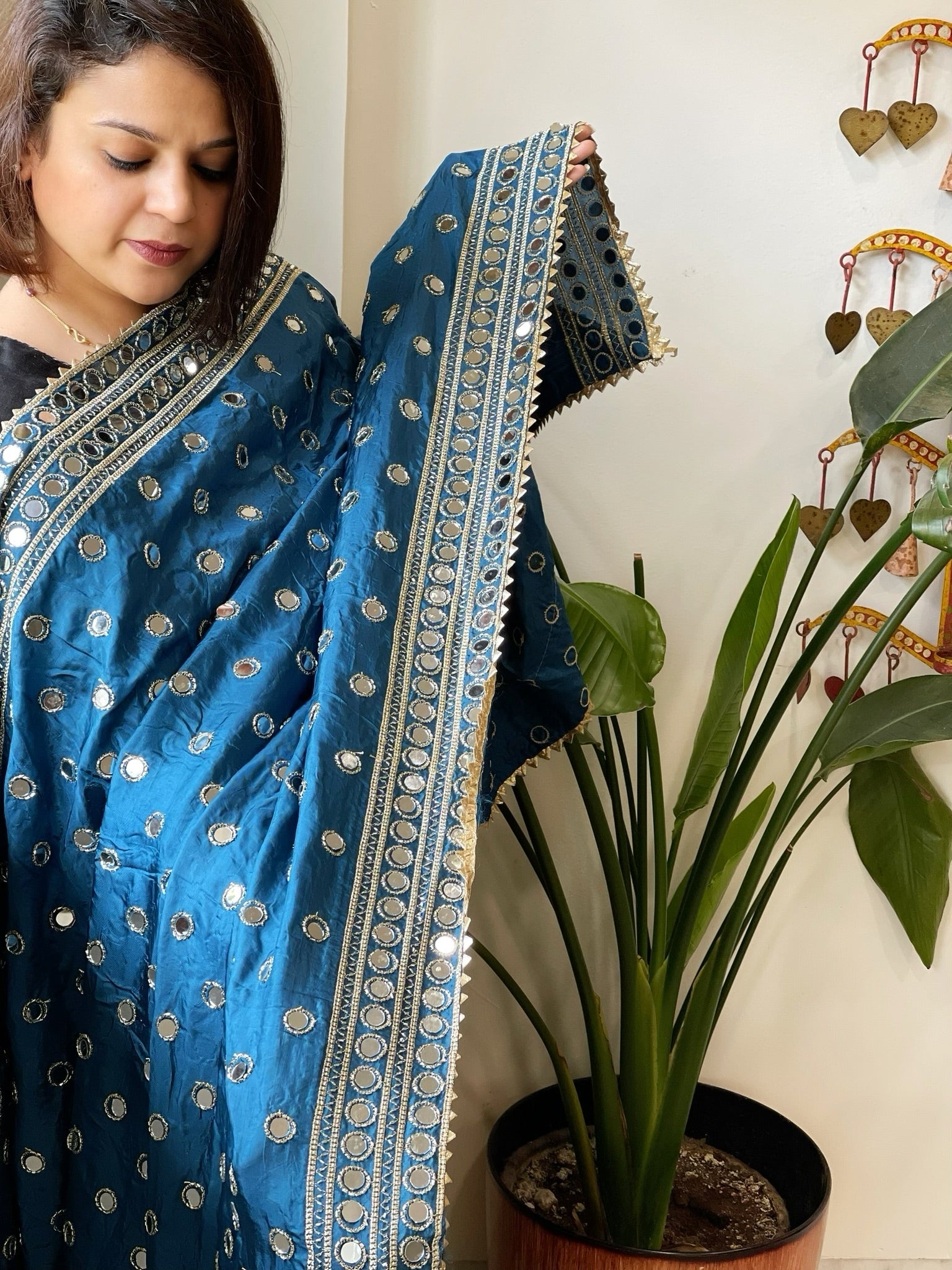Teal Crepe Dupatta with Mirror and Cut Daana Work with Gota Lace Border - Masakalee