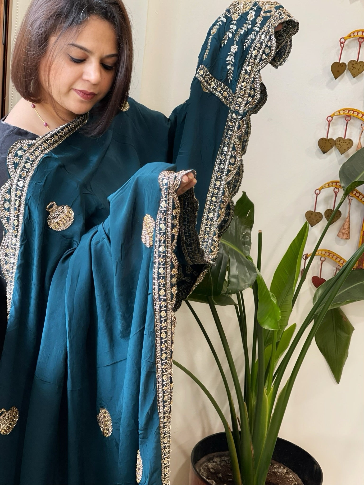 Teal Crepe Dupatta with Pearl, Cut Daana, Gold Thread & Sequin Embroidery - Masakalee