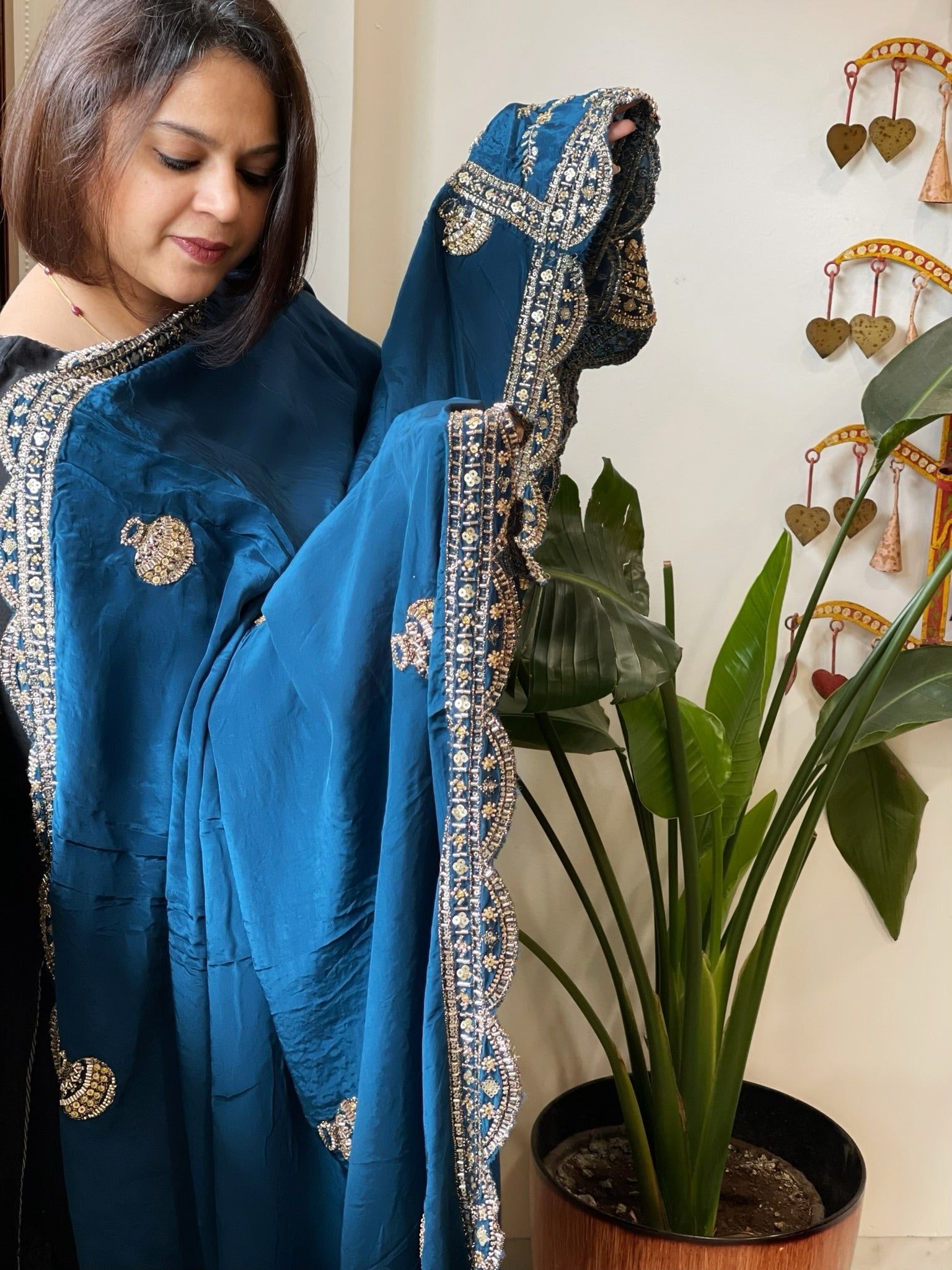 Teal Crepe Dupatta with Pearl, Cut Daana, Gold Thread & Sequin Embroidery - Masakalee