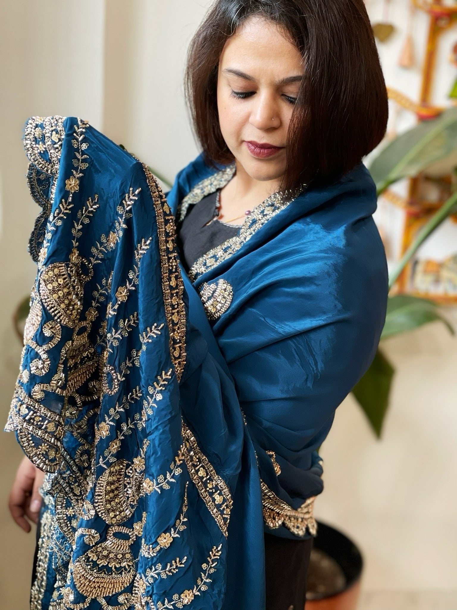 Teal Crepe Dupatta with Pearl, Cut Daana, Gold Thread & Sequin Embroidery - Masakalee
