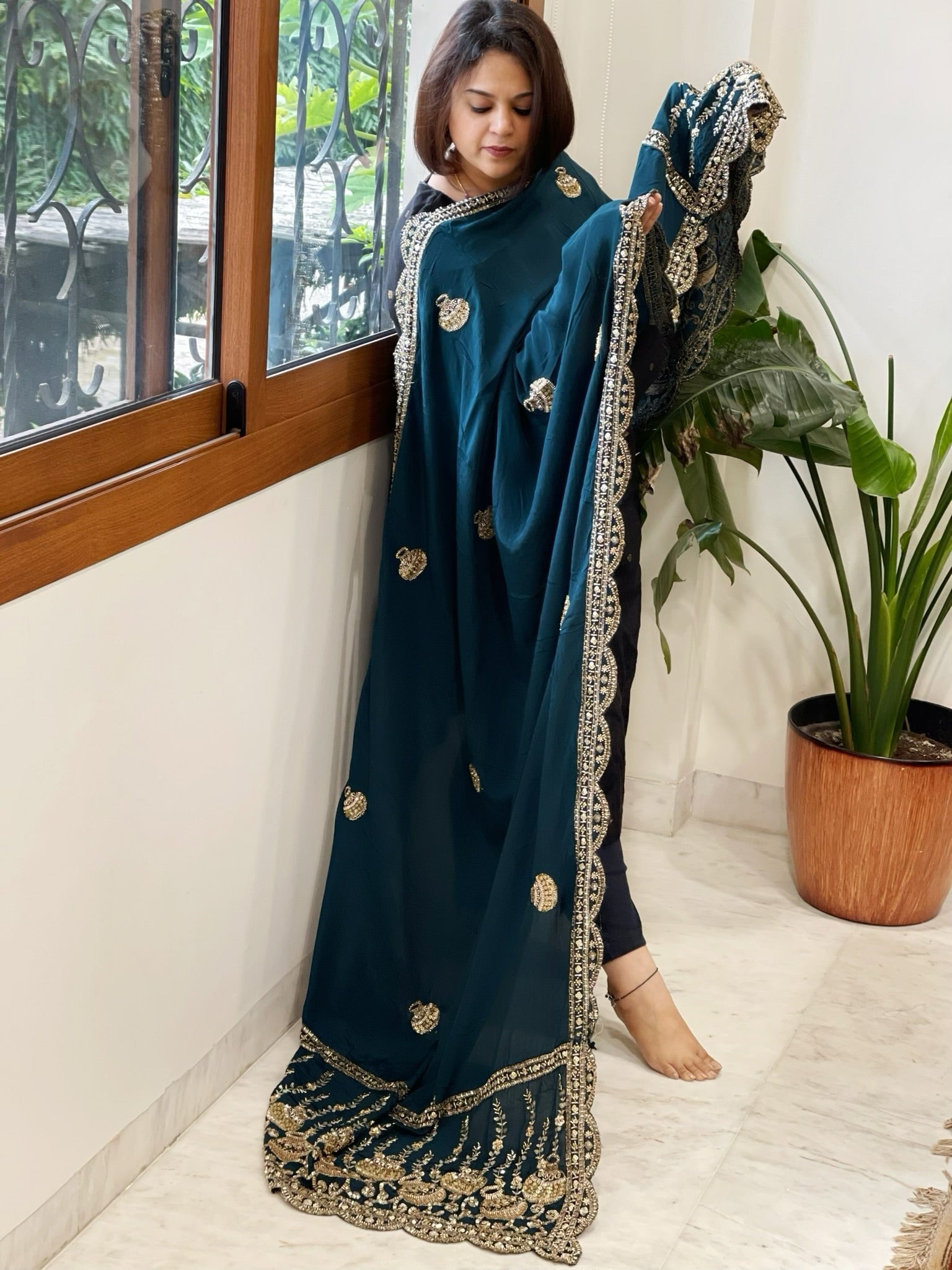 Teal Crepe Dupatta with Pearl, Cut Daana, Gold Thread & Sequin Embroidery - Masakalee