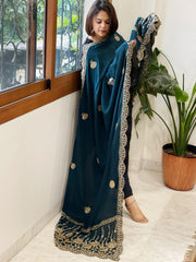 Teal Crepe Dupatta with Pearl, Cut Daana, Gold Thread & Sequin Embroidery - Masakalee